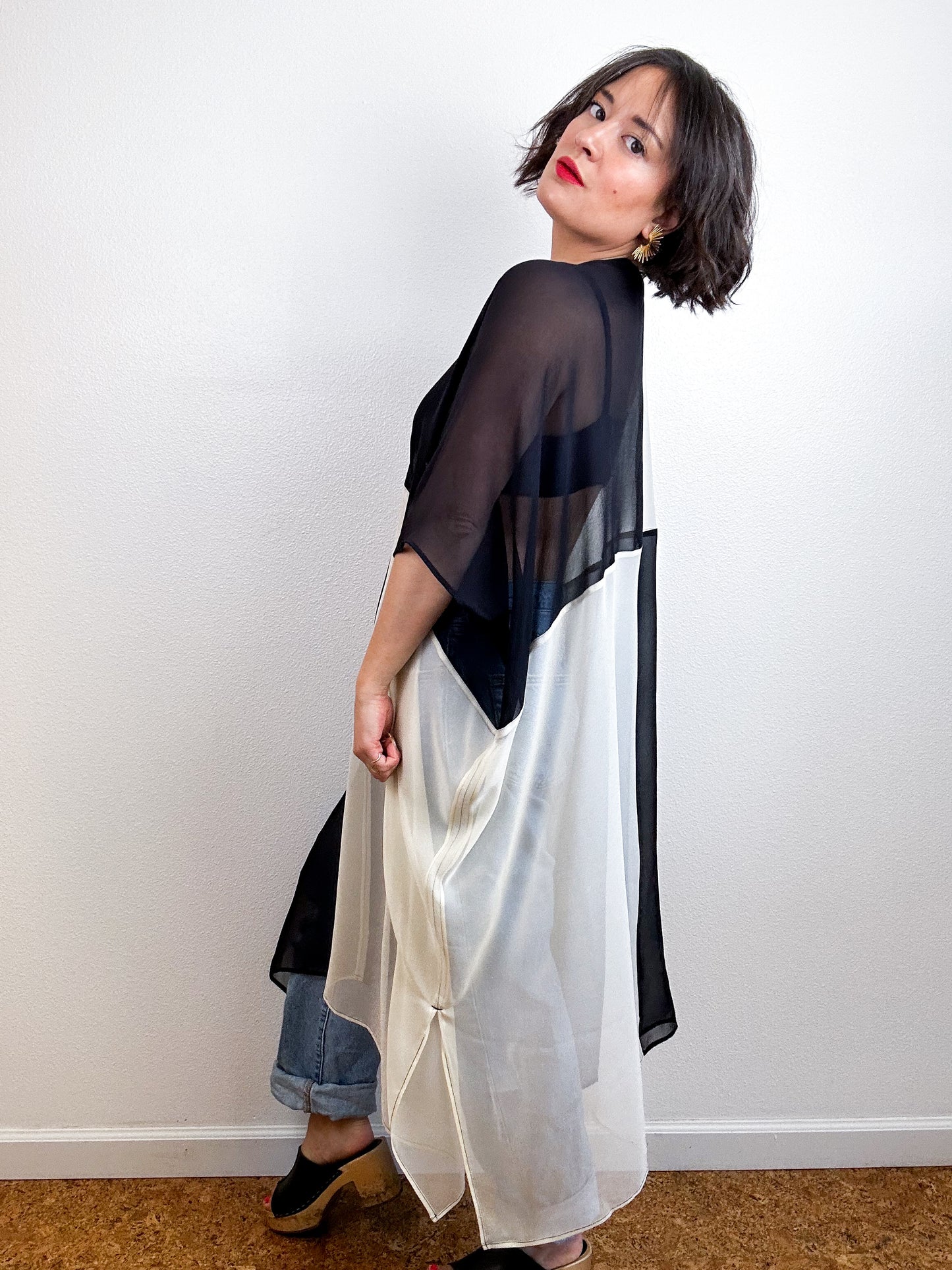 SILK Color Block Midi Caftan Dress Ivory Black