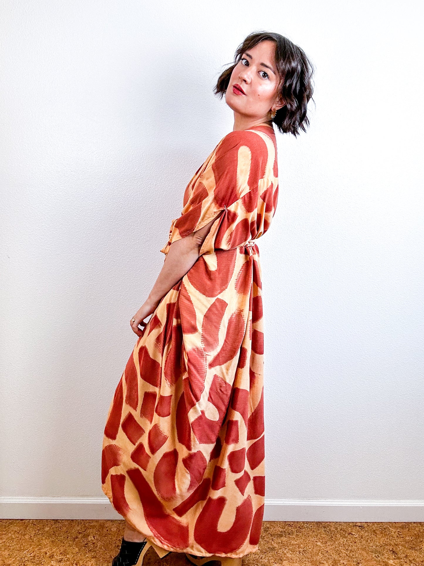 Hand-Dyed High Low Kimono Peach Terracotta Doodle