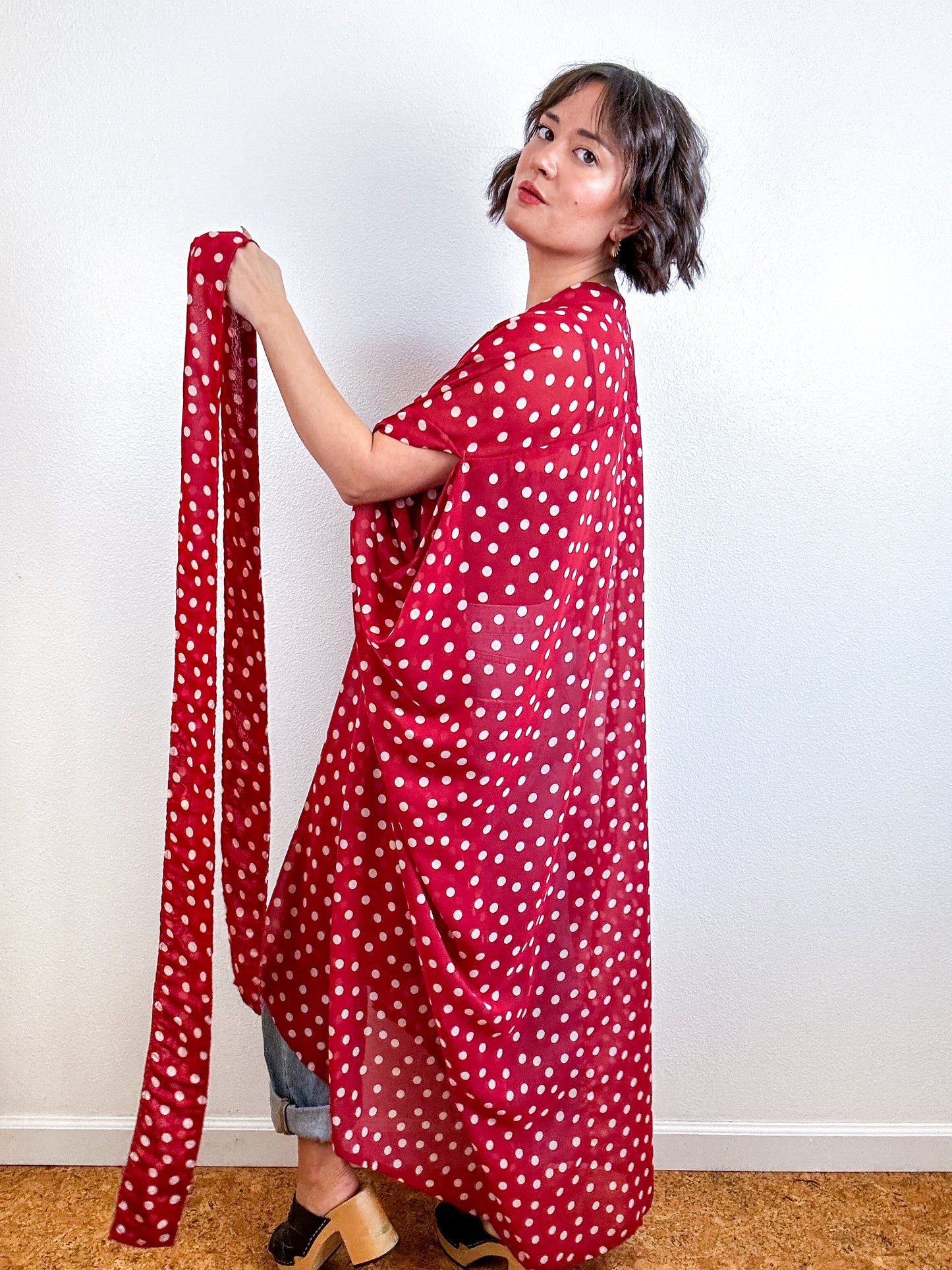 Print High Low Kimono Burgundy Blush Dots Chiffon