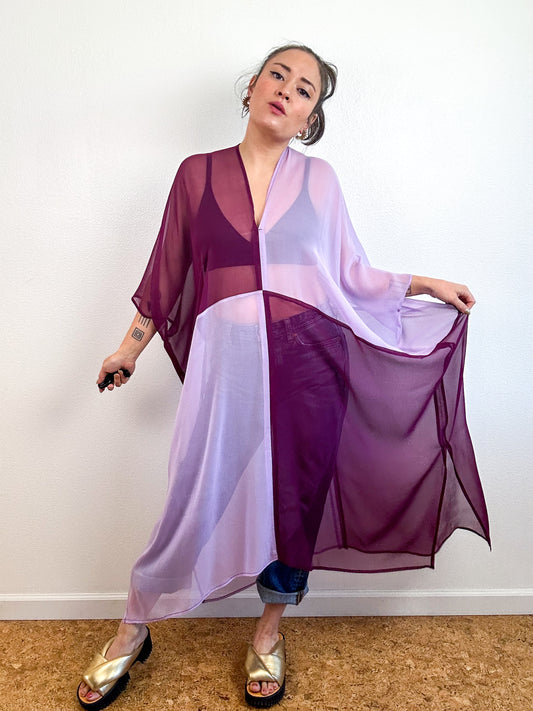 SILK Color Block Midi Caftan Dress Lavender Maroon