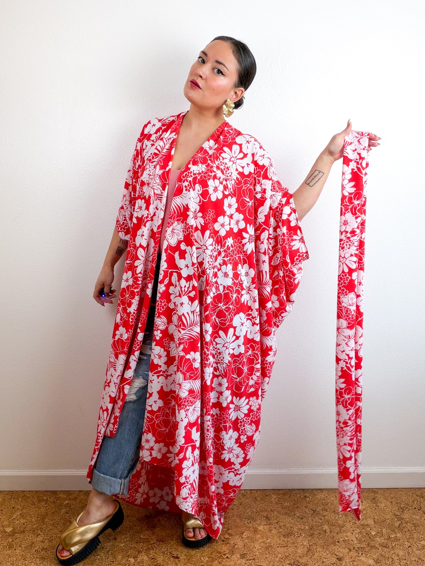 Print High Low Kimono Red White Floral Bubble Crepe