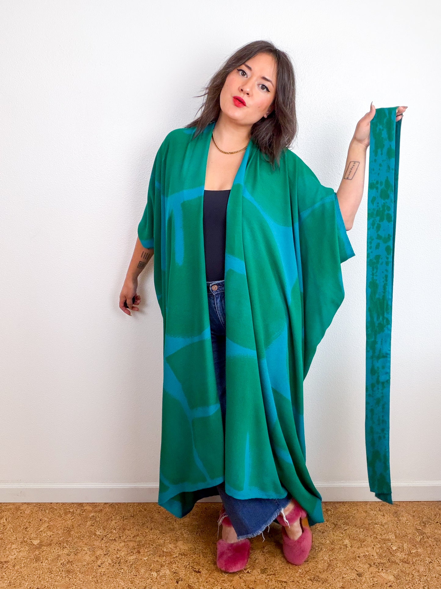 Hand-Dyed High Low Kimono Turquoise Green Arc
