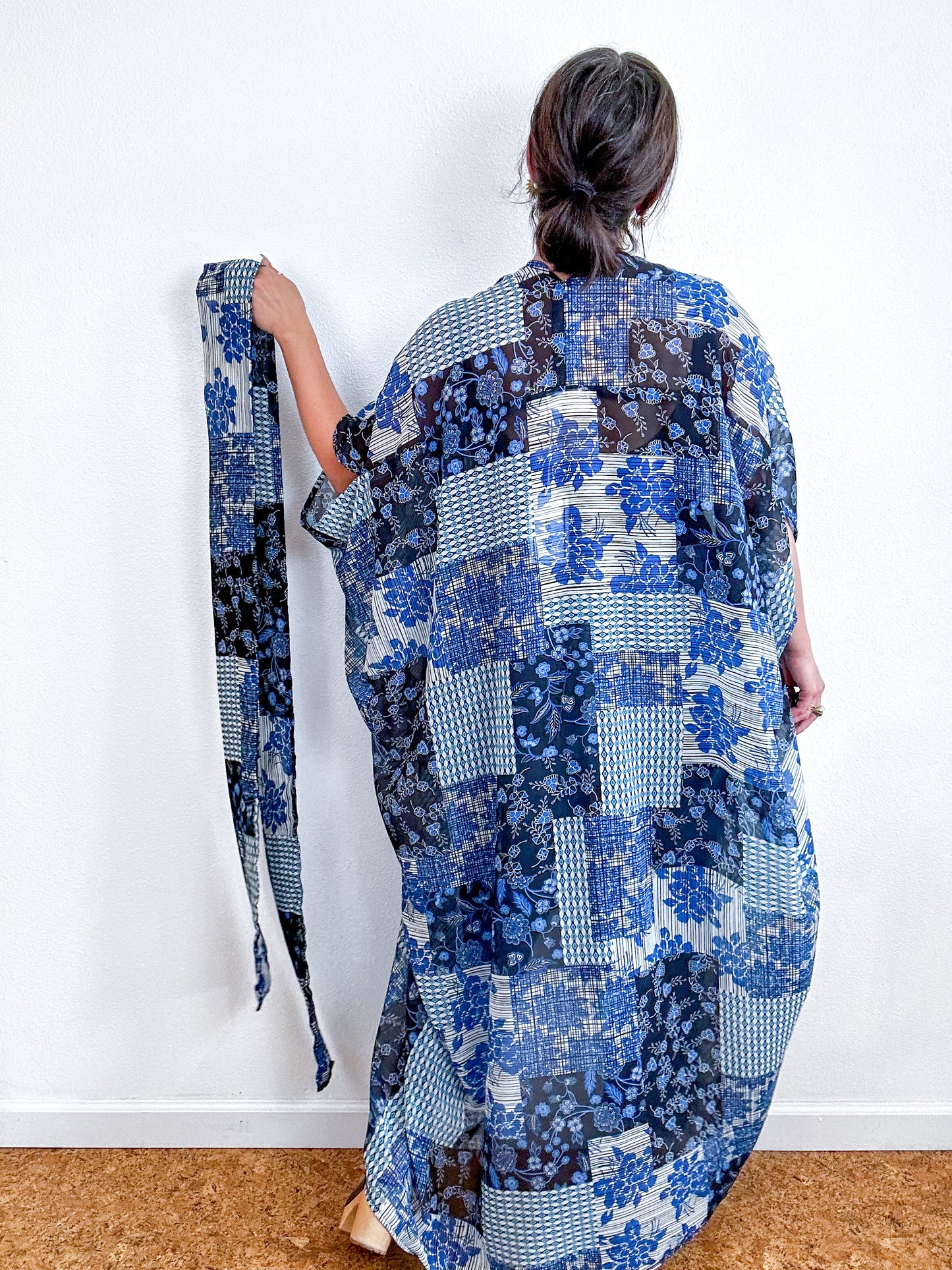 Print High Low Kimono Navy Patchwork Crinkle Chiffon