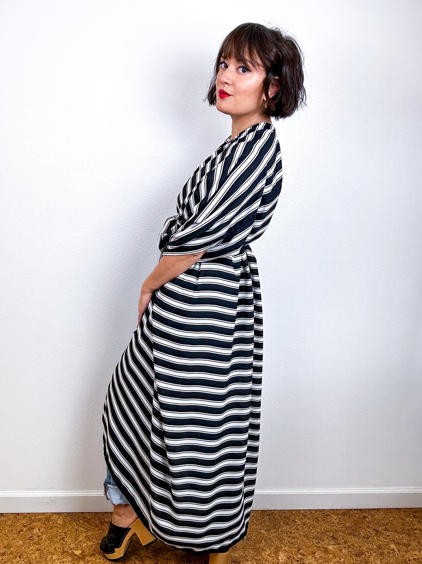 Print High Low Kimono Black White Tan Stripe Georgette