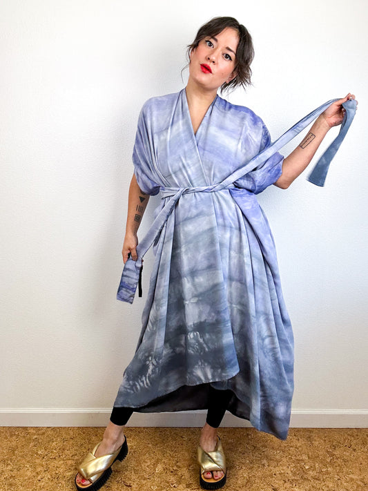 Hand-Dyed High Low Kimono Wisteria Grey Watercolor