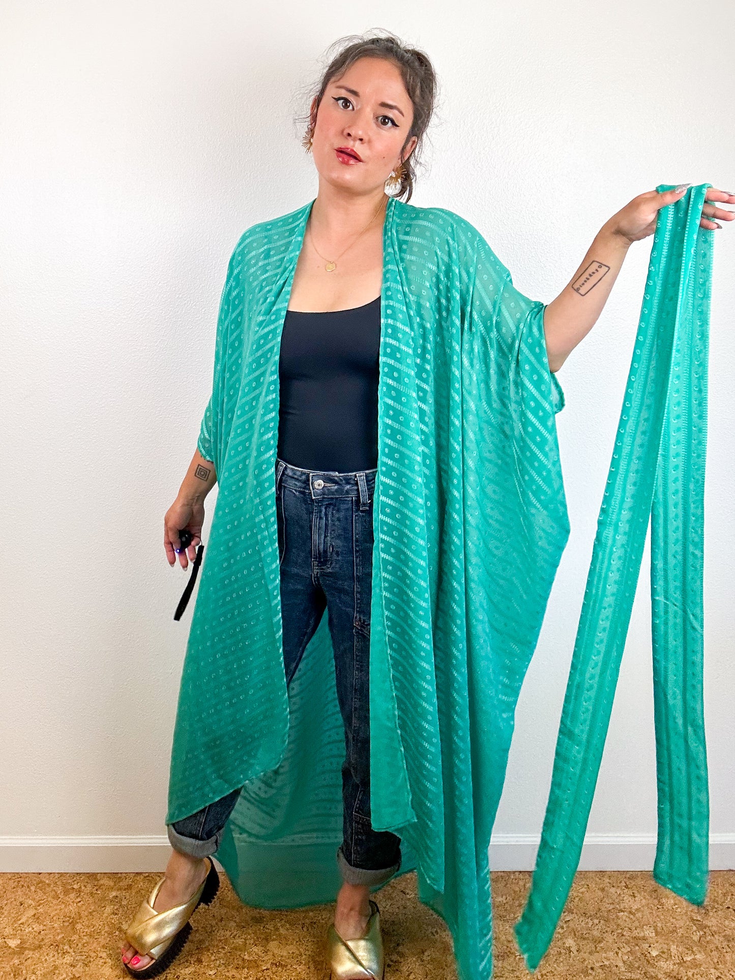 Print High Low Kimono Seafoam Dots Stripes Chiffon