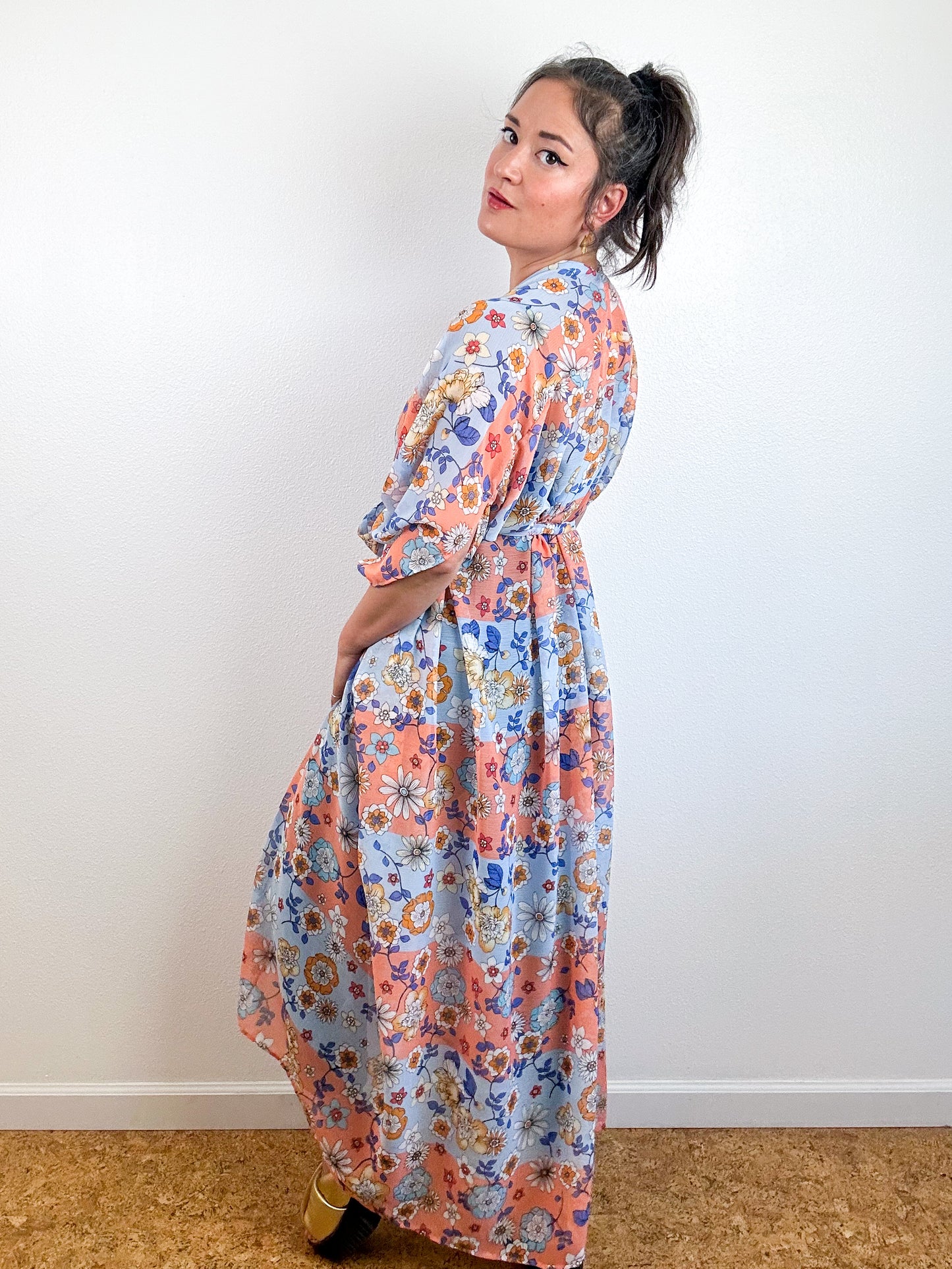 Print High Low Kimono Peach Blue Floral Stripe Crinkle Chiffon