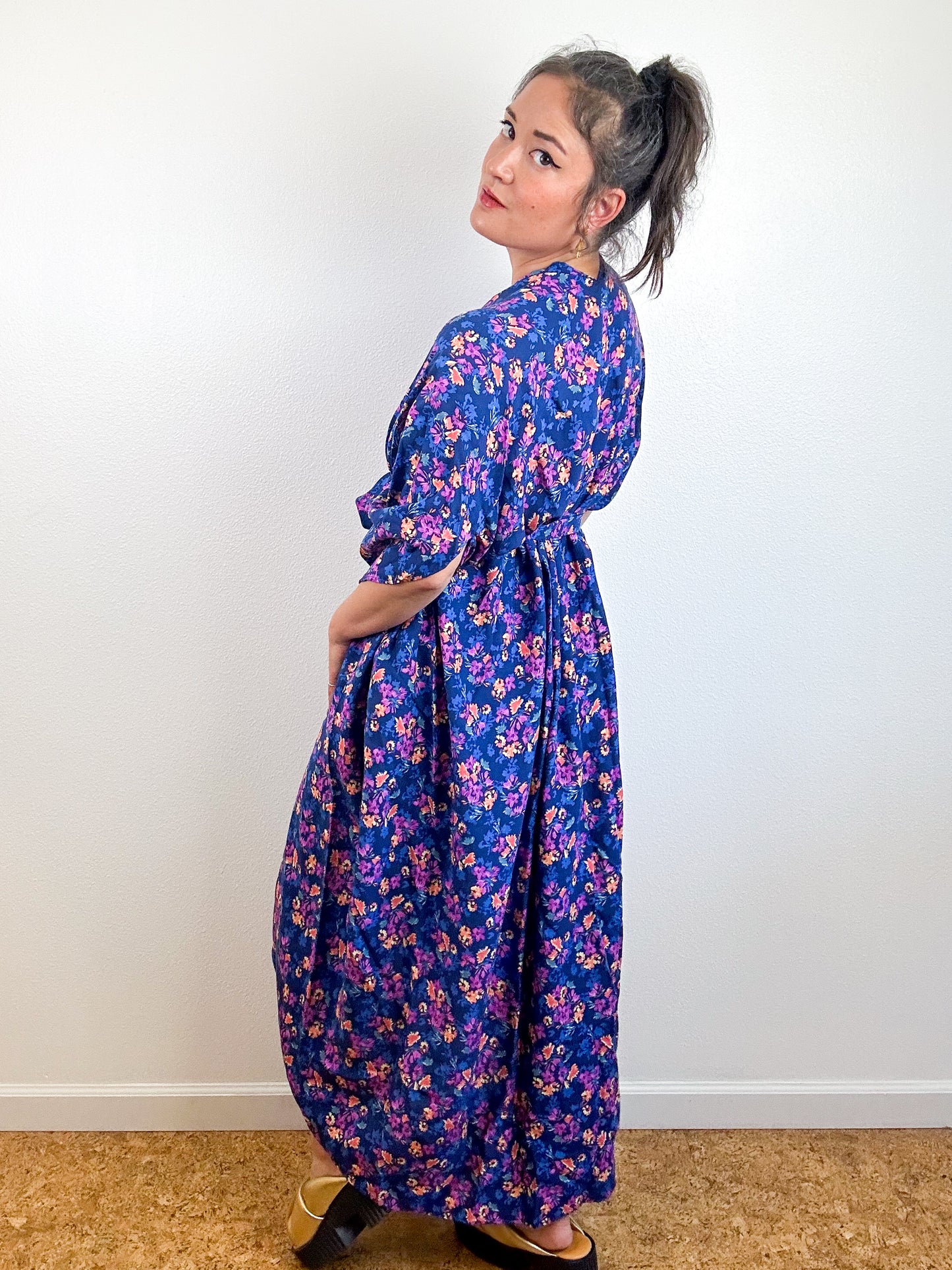 Print High Low Kimono Blue Magenta Floral Challis