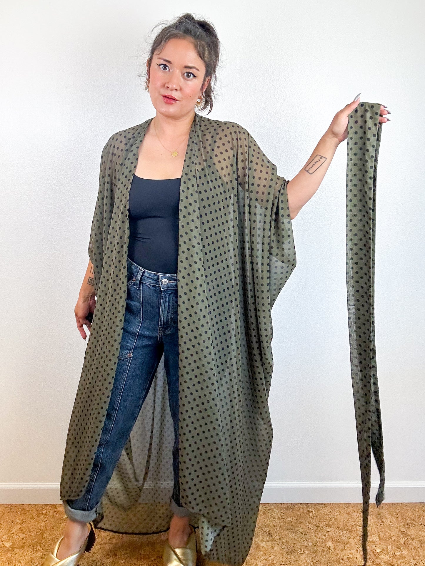 Print High Low Kimono Olive Polka Dots Chiffon