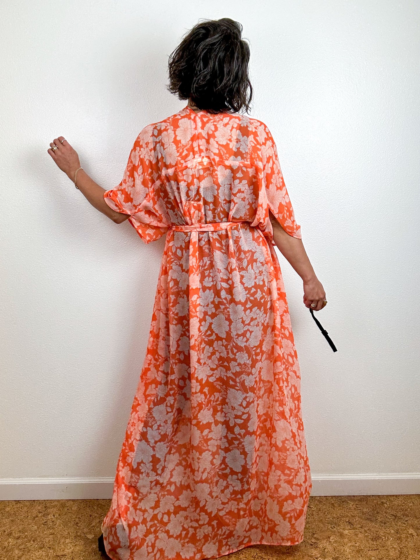 Print High Low Kimono Orange Floral Chiffon