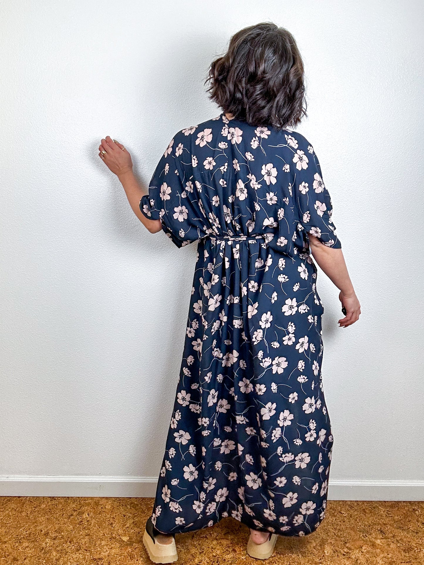 Print High Low Kimono Navy Blush Floral Challis