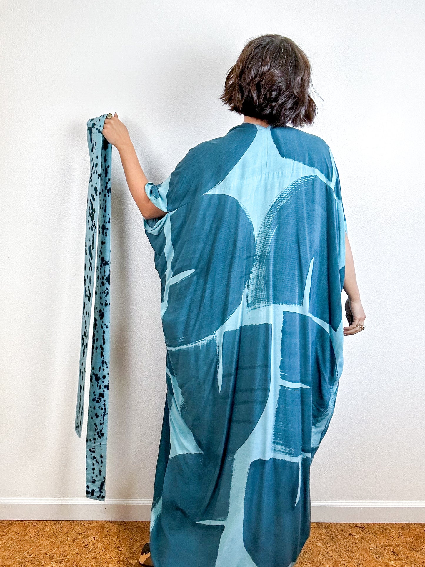 Hand-Dyed High Low Kimono Aqua Teal Arc
