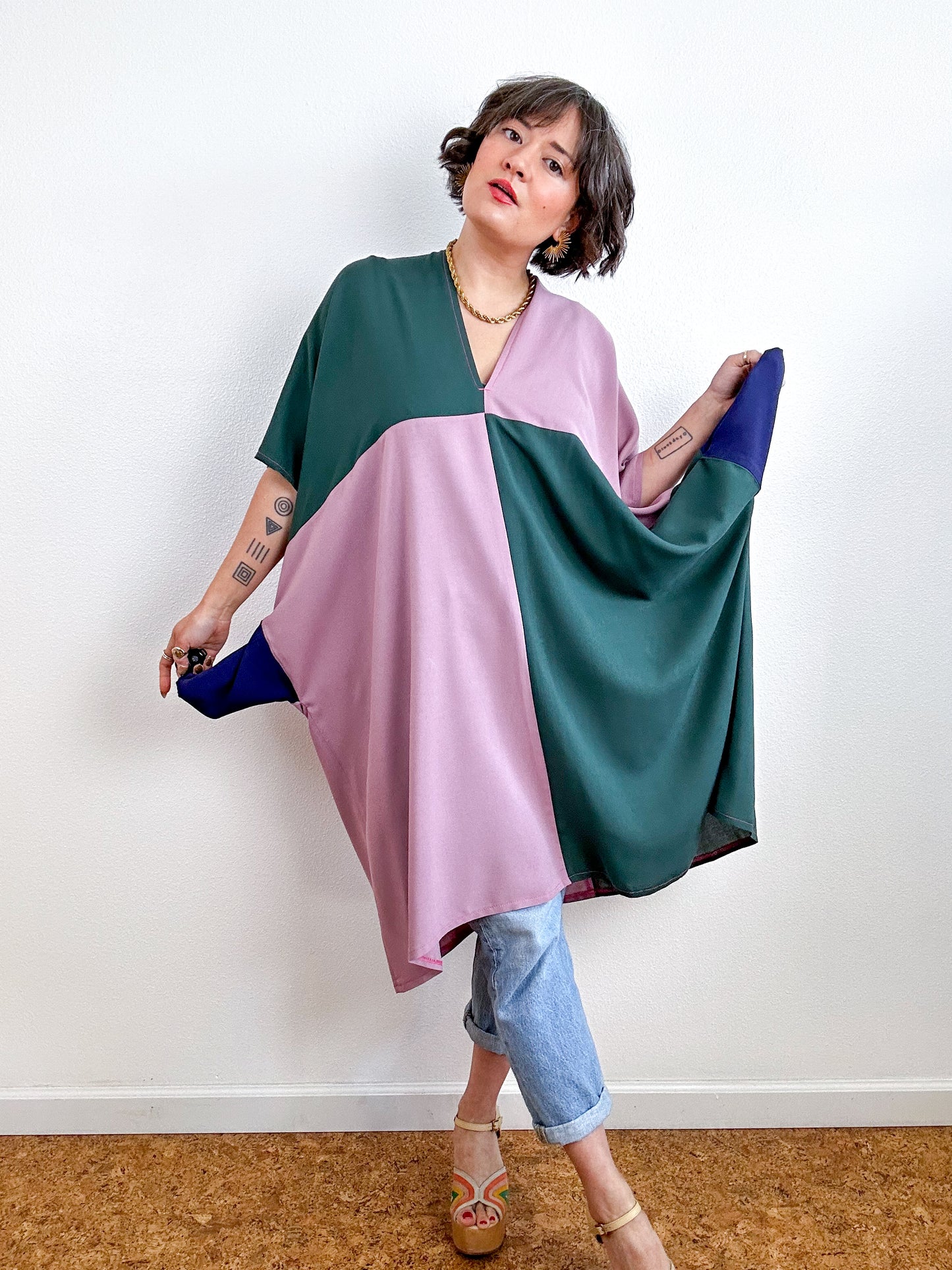 Color Block Mini Caftan Dress Forest Mauve