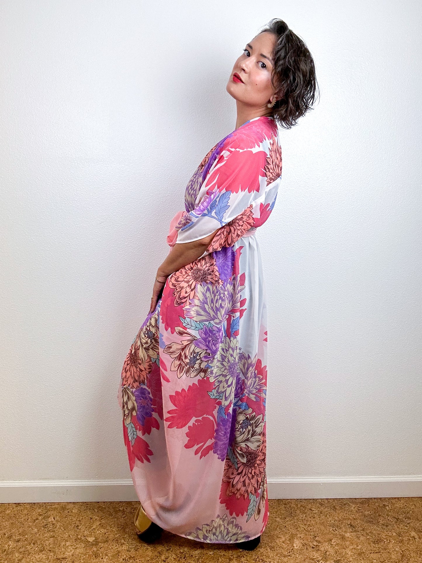 Print High Low Kimono Pink Chrysanthemum Chiffon