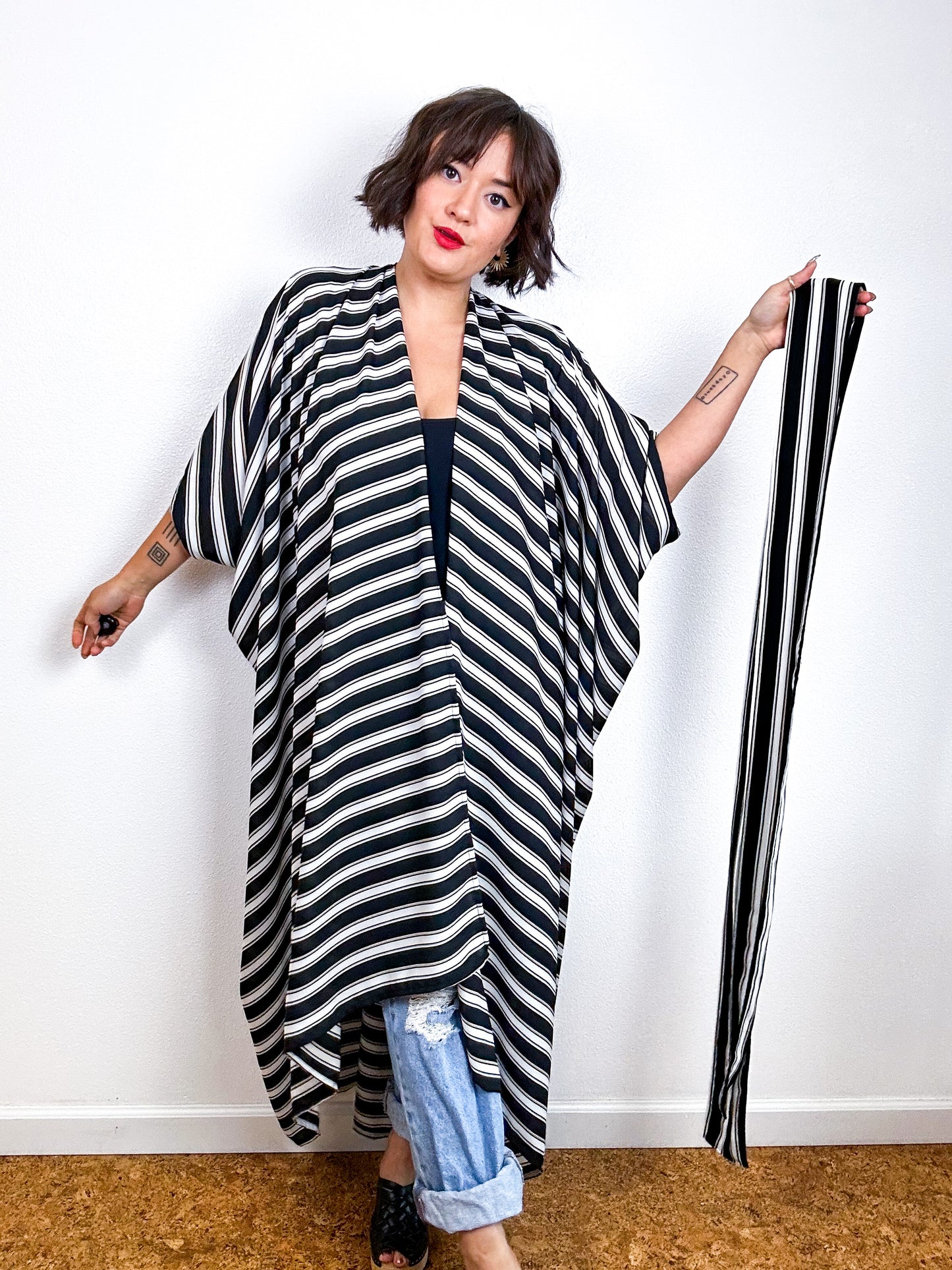 Print High Low Kimono Black White Tan Stripe Georgette