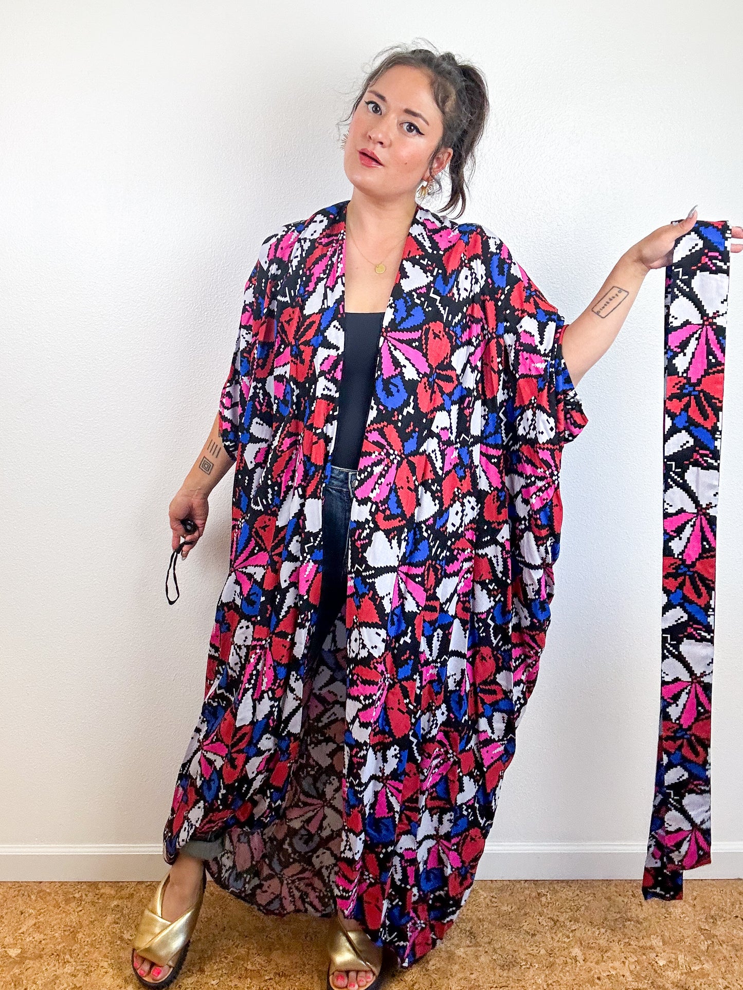 Print High Low Kimono Pixels Challis