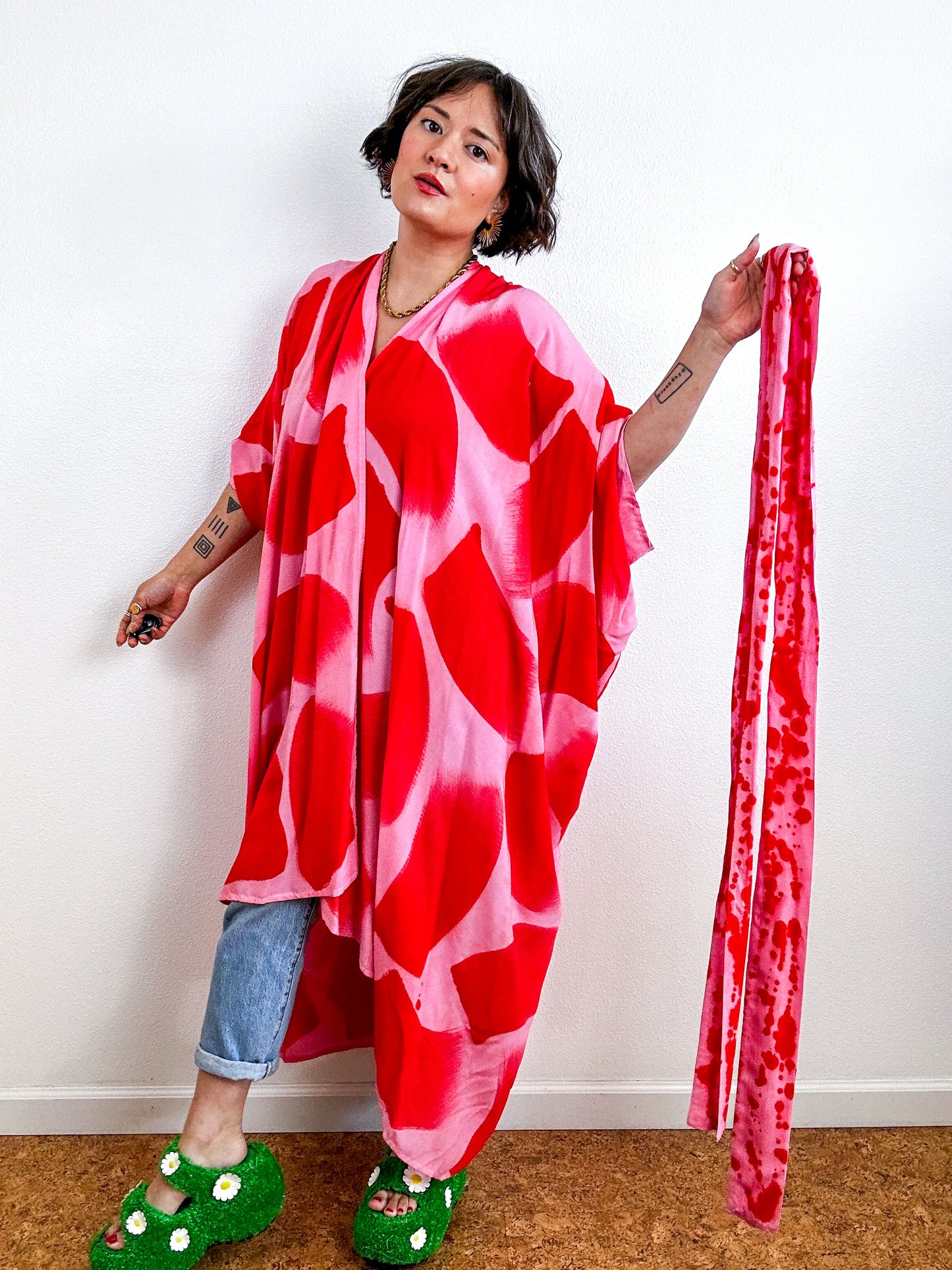Hand-Dyed High Low Kimono Pink Scarlet Brush
