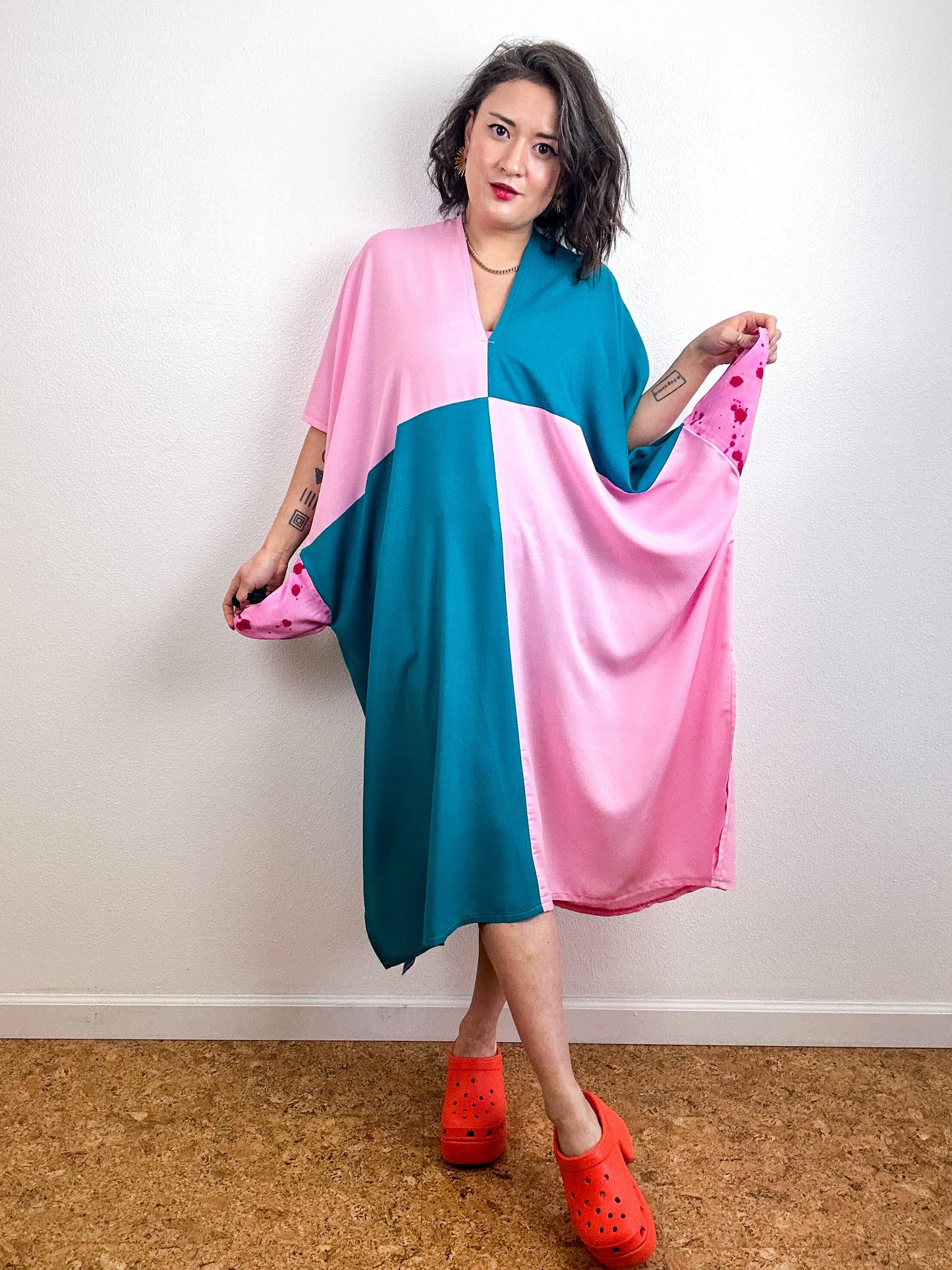 Color Block Midi Caftan Dress Pink Teal