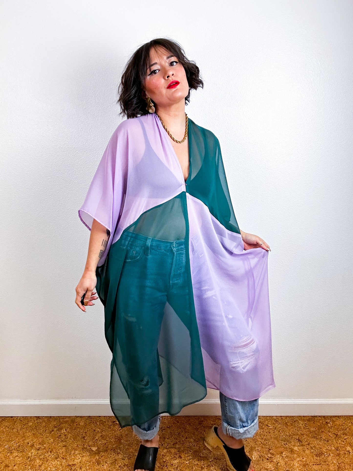 SILK Color Block Midi Caftan Dress Teal Lavender