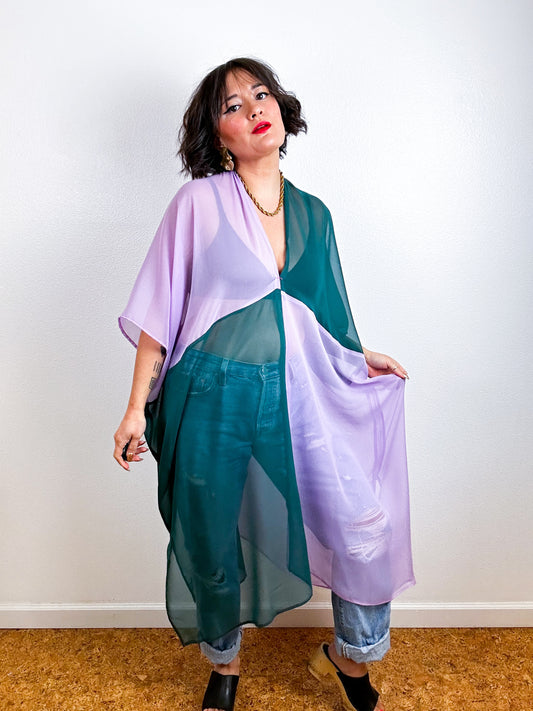 SILK Color Block Midi Caftan Dress Teal Lavender