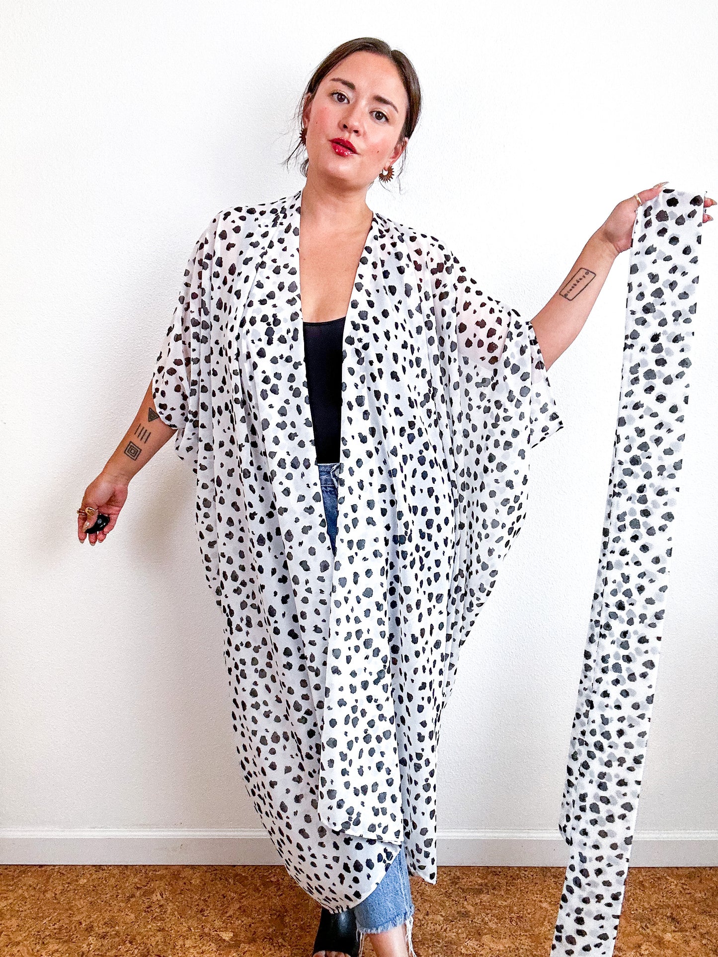 Print High Low Kimono White Black Leopard Dot Chiffon