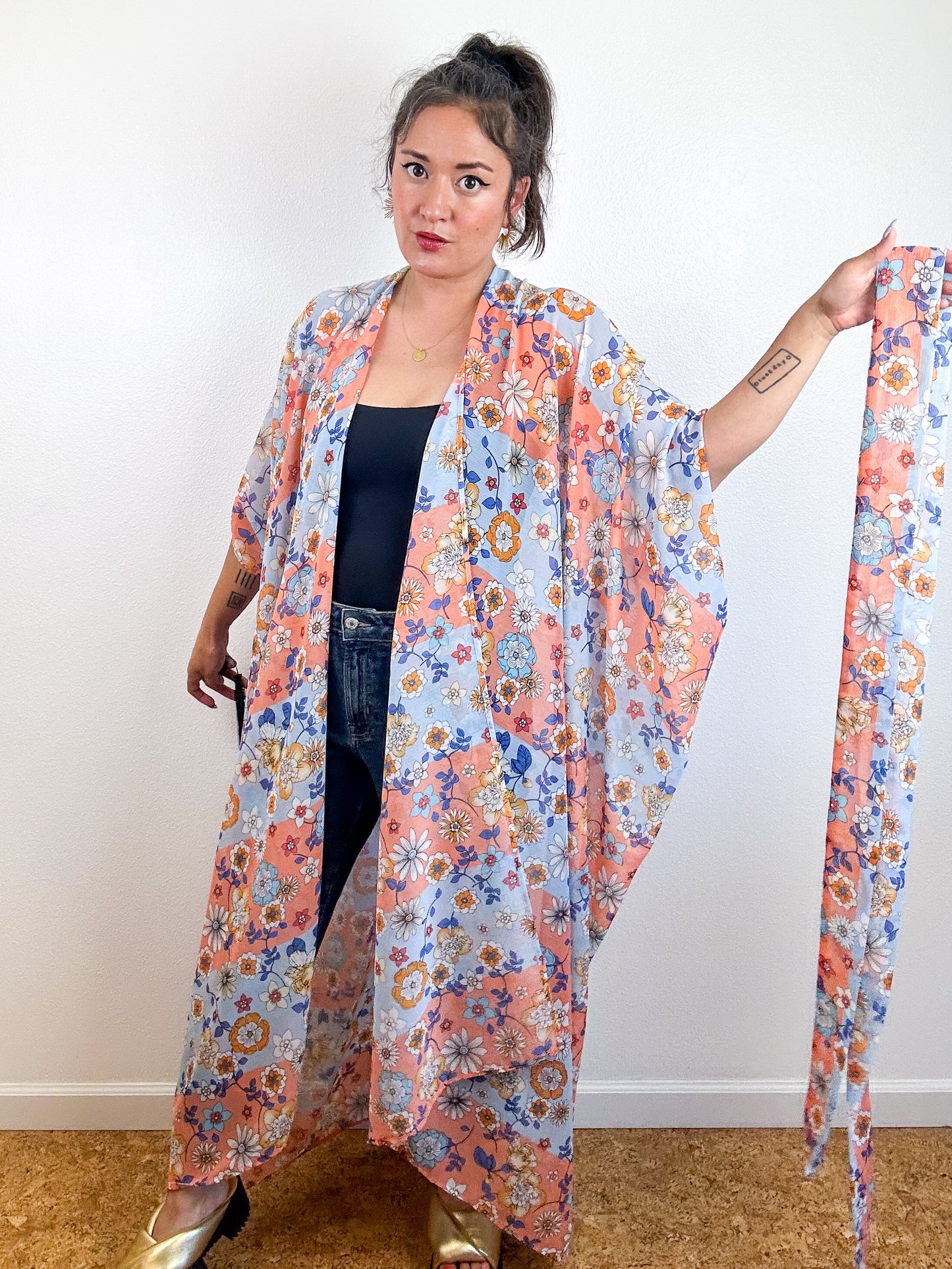Print High Low Kimono Peach Blue Floral Stripe Crinkle Chiffon