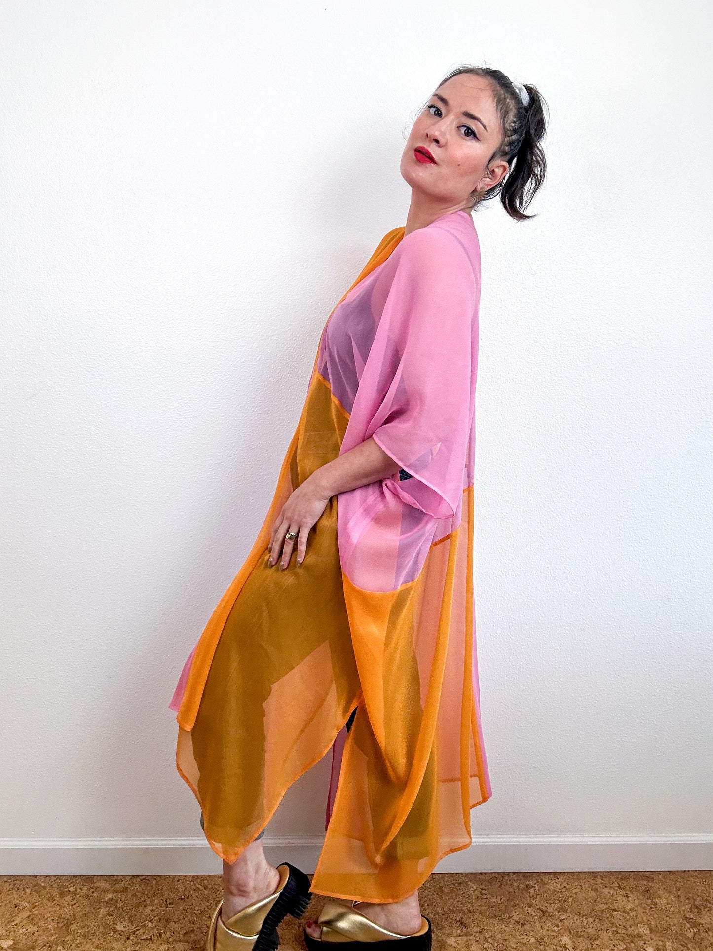 SILK Color Block Midi Caftan Dress Pink Orange