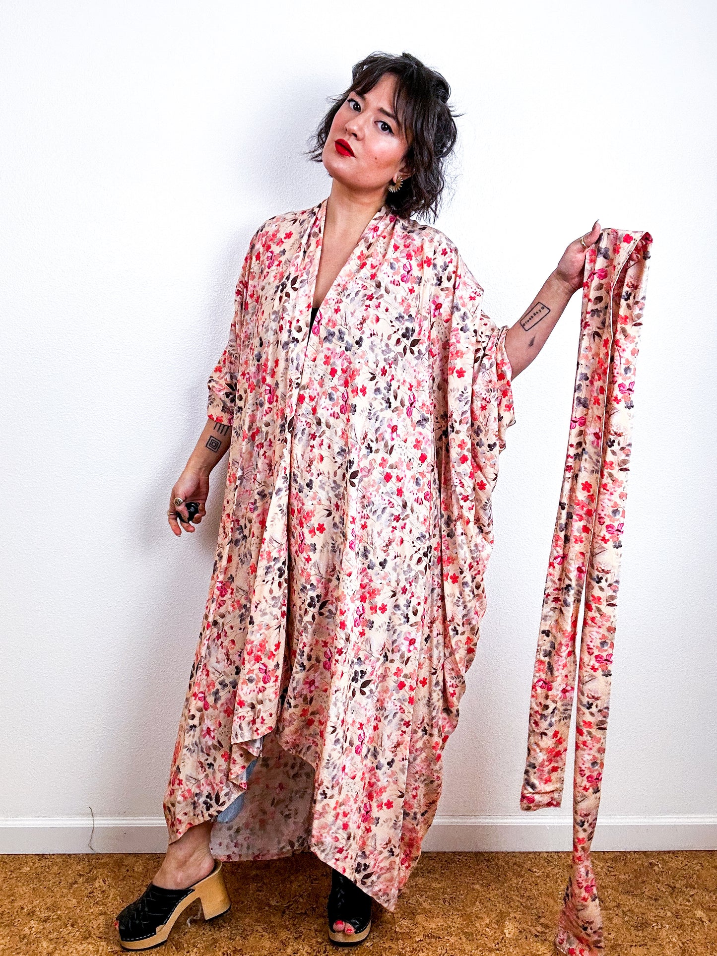 Print High Low Kimono Blush Botanical Challis