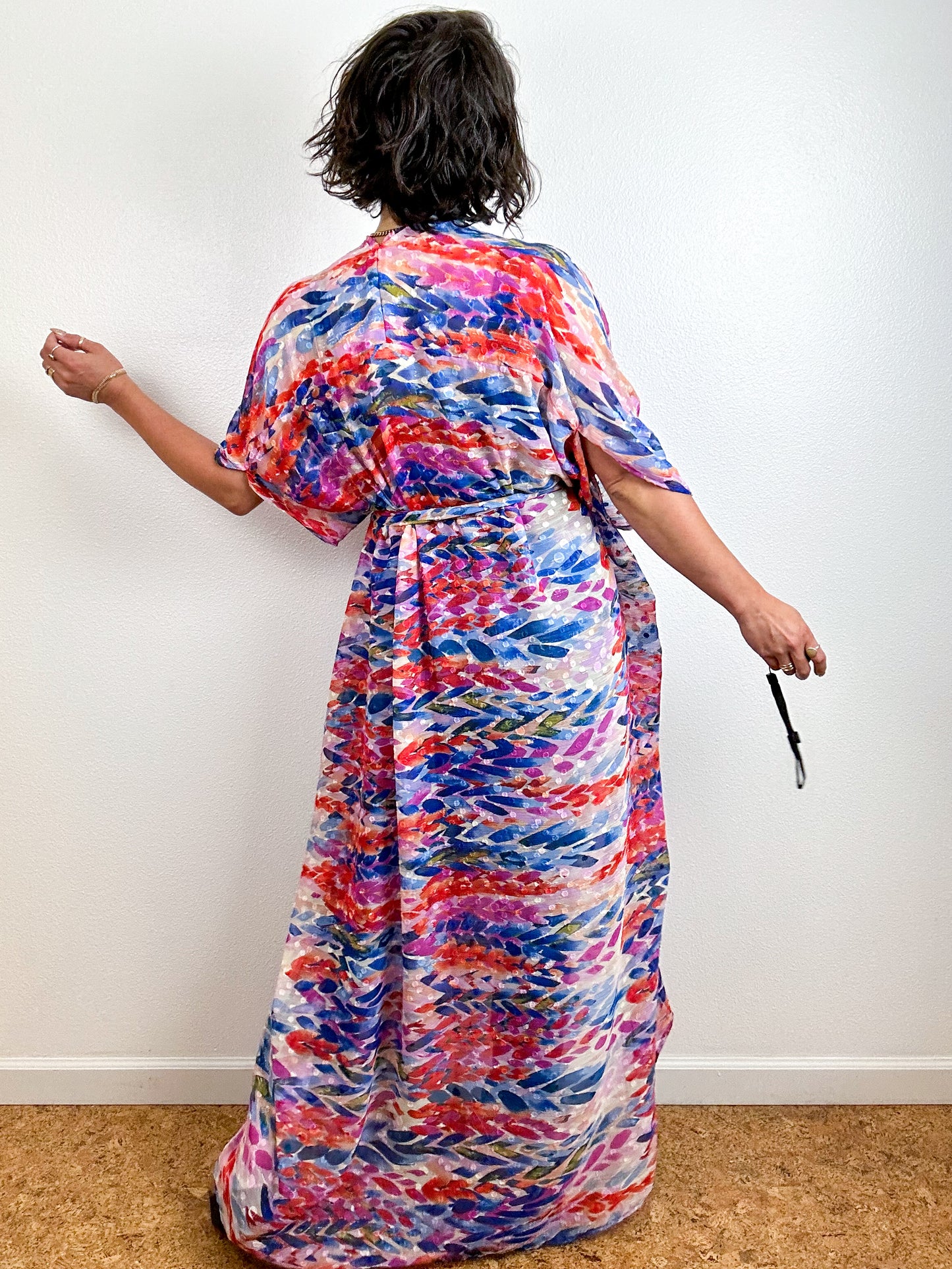 Print High Low Kimono Rainbow Silver Textured Chiffon