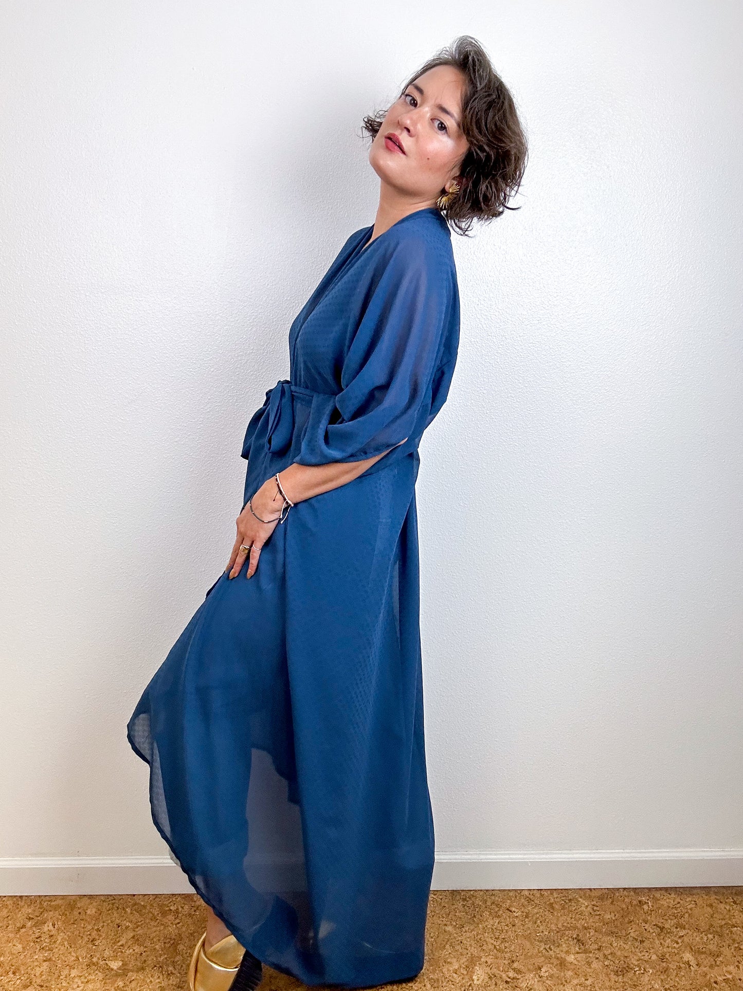 Solid High Low Kimono Slate Blue Dot Chiffon