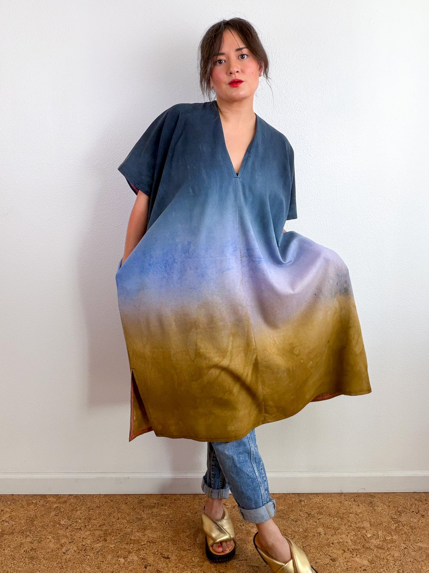 Hand-Dyed Linen Blend Caftan Dress Midi Length Raven Wisteria Bronze Gradient