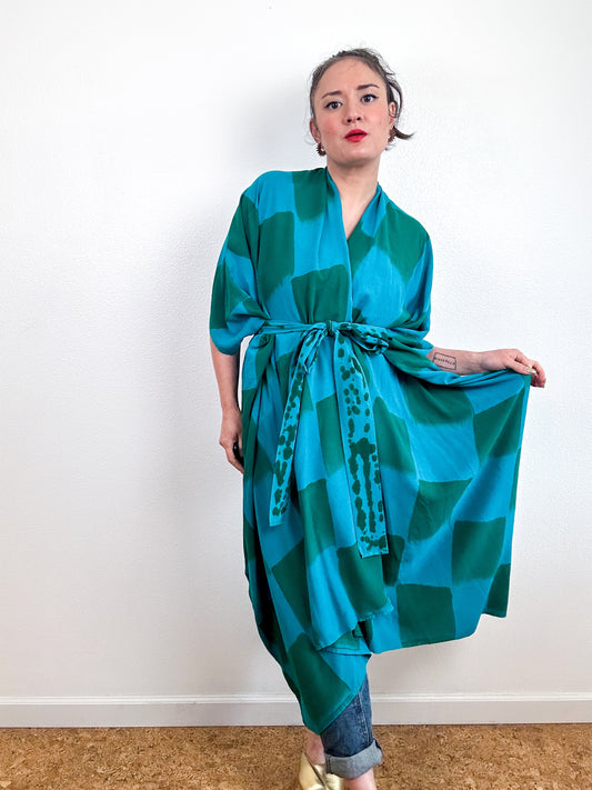 Hand-Dyed High Low Kimono Turquoise Green Check