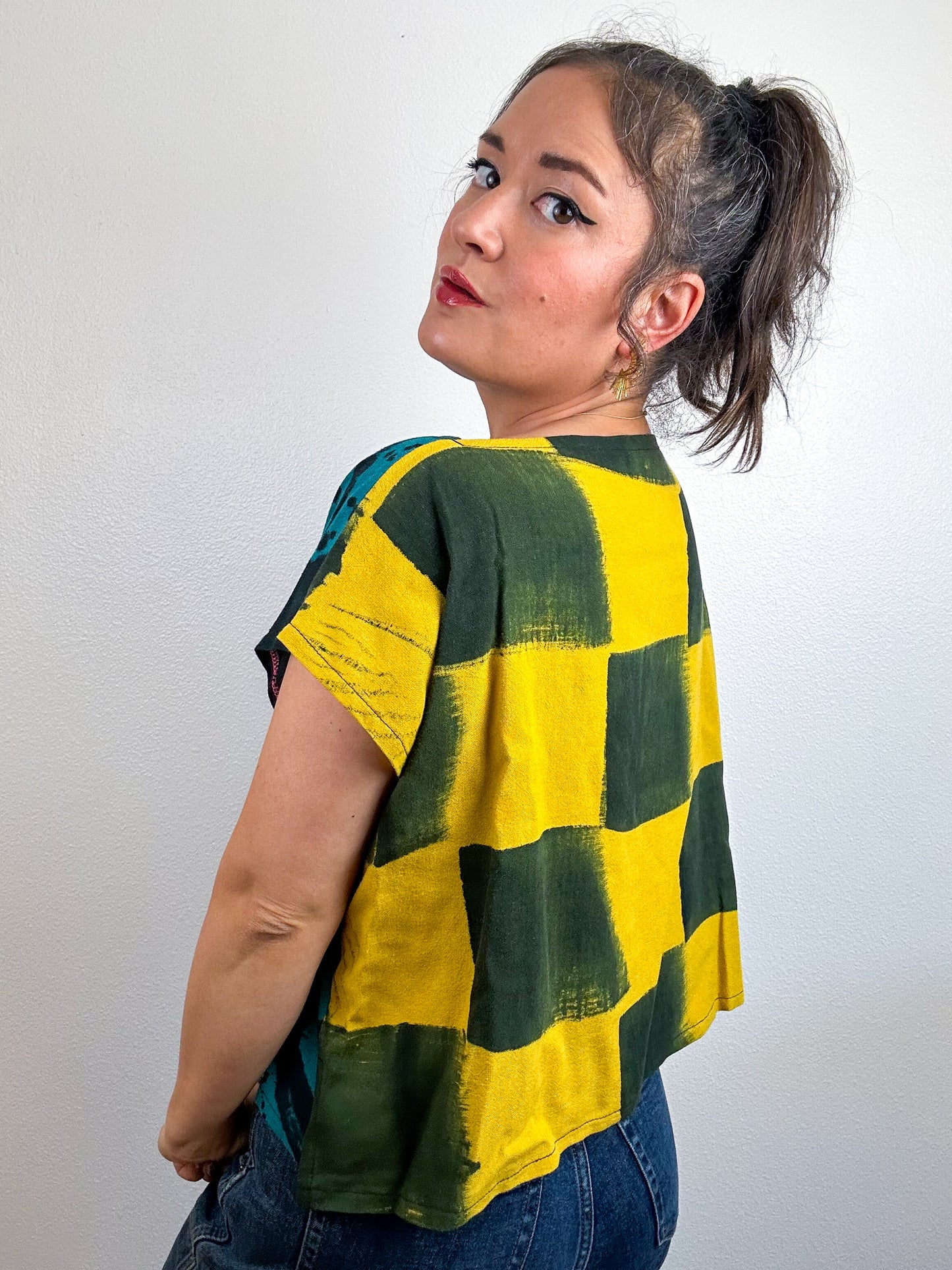Hand-Dyed Linen Blend Flip Crop Teal Sumi Marigold Check