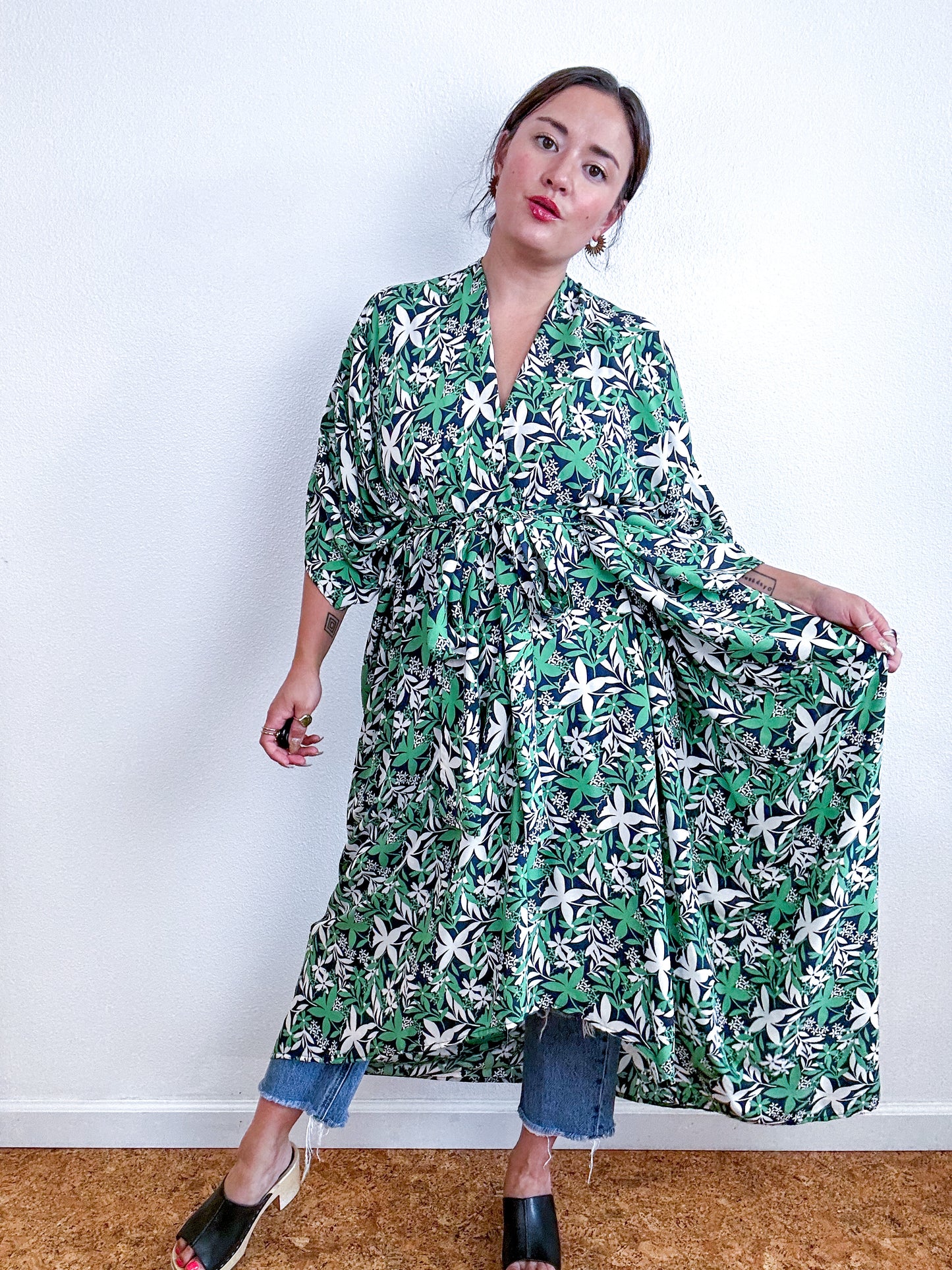 Print High Low Kimono Navy Green Flowers Challis