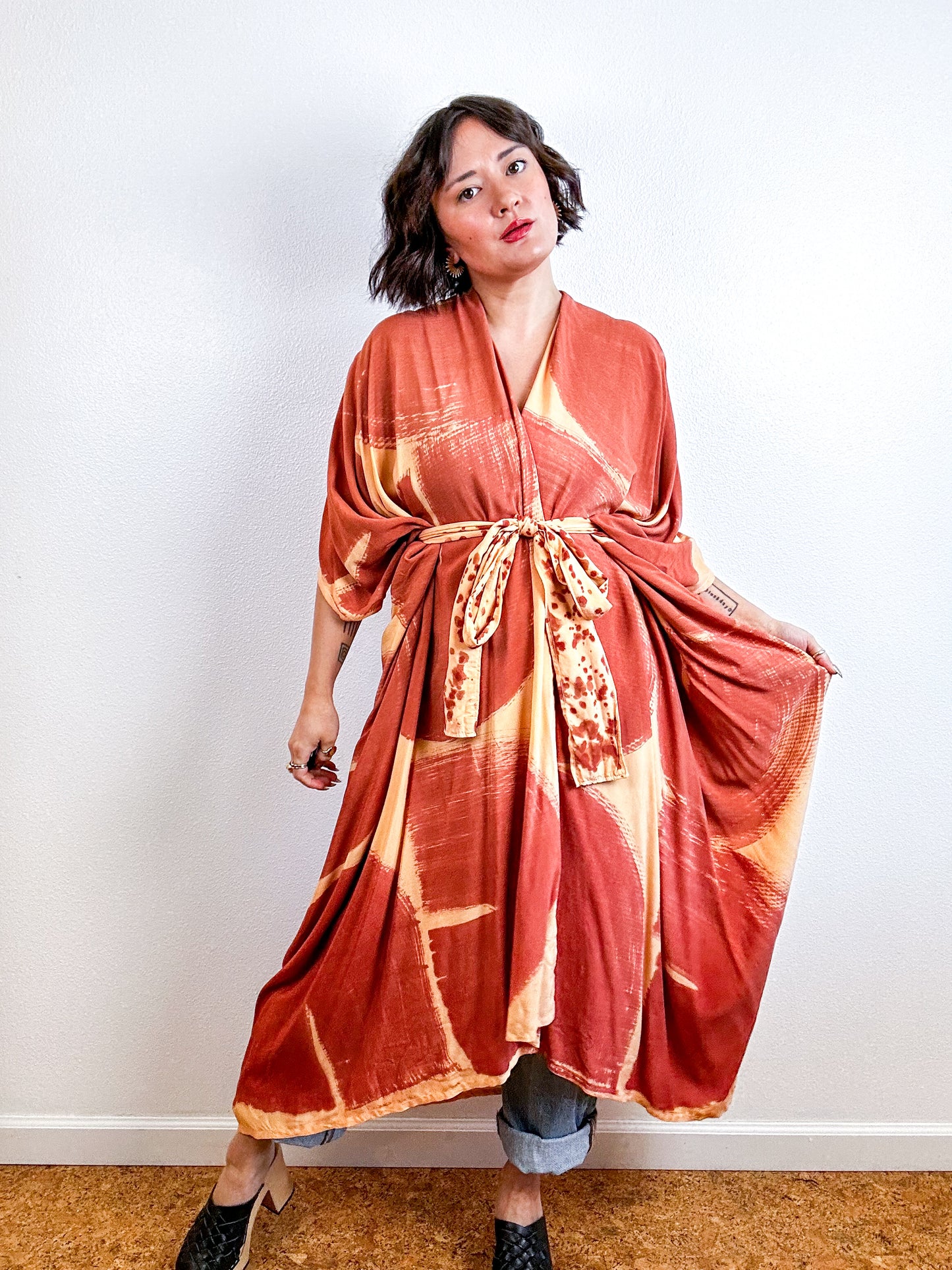 Hand-Dyed High Low Kimono Peach Terracotta Arc