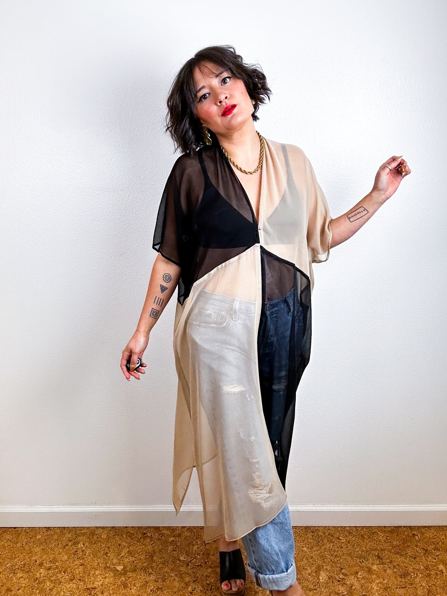 SILK Color Block Midi Caftan Dress Fawn Black