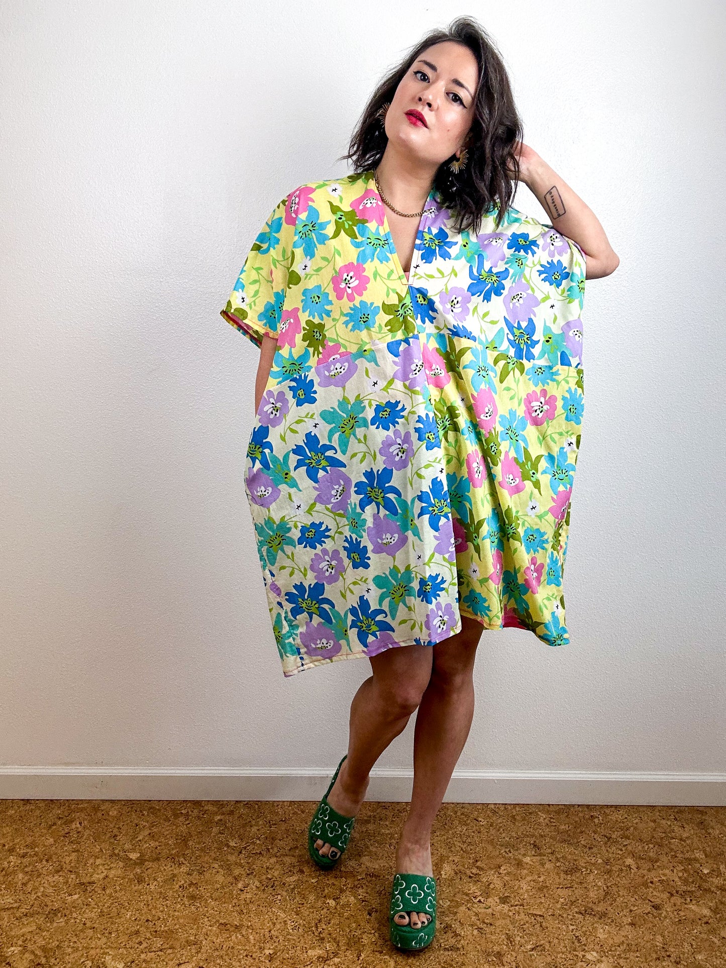 Color Block Mini Caftan Dress Blue Yellow Floral