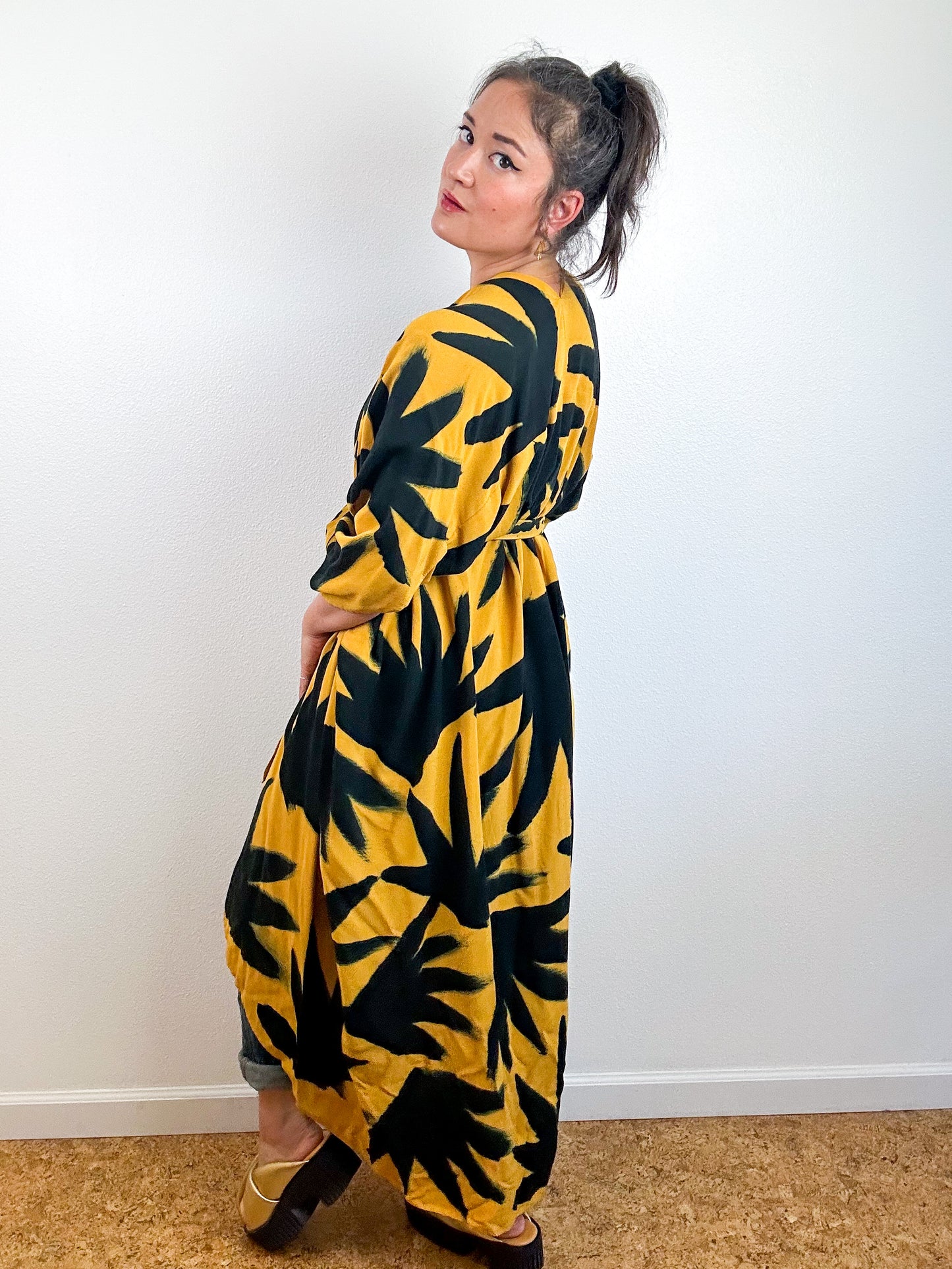Hand-Dyed High Low Kimono Marigold Black Palms