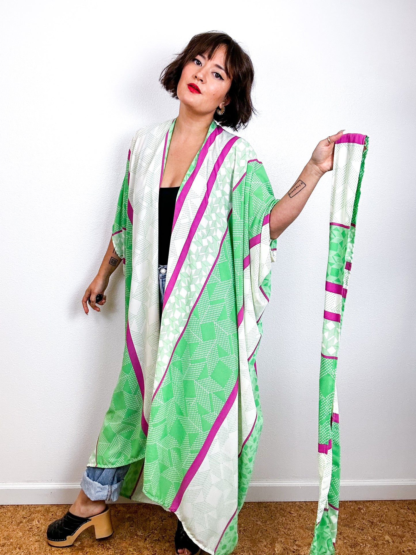 Print High Low Kimono Lime Magenta Ivory Georgette