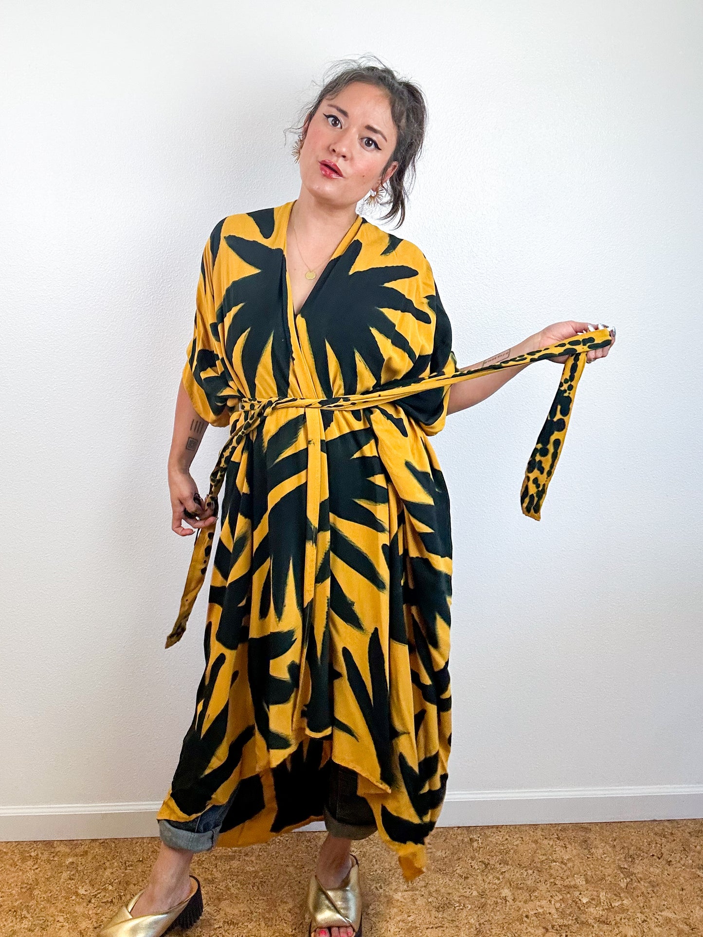 Hand-Dyed High Low Kimono Marigold Black Palms