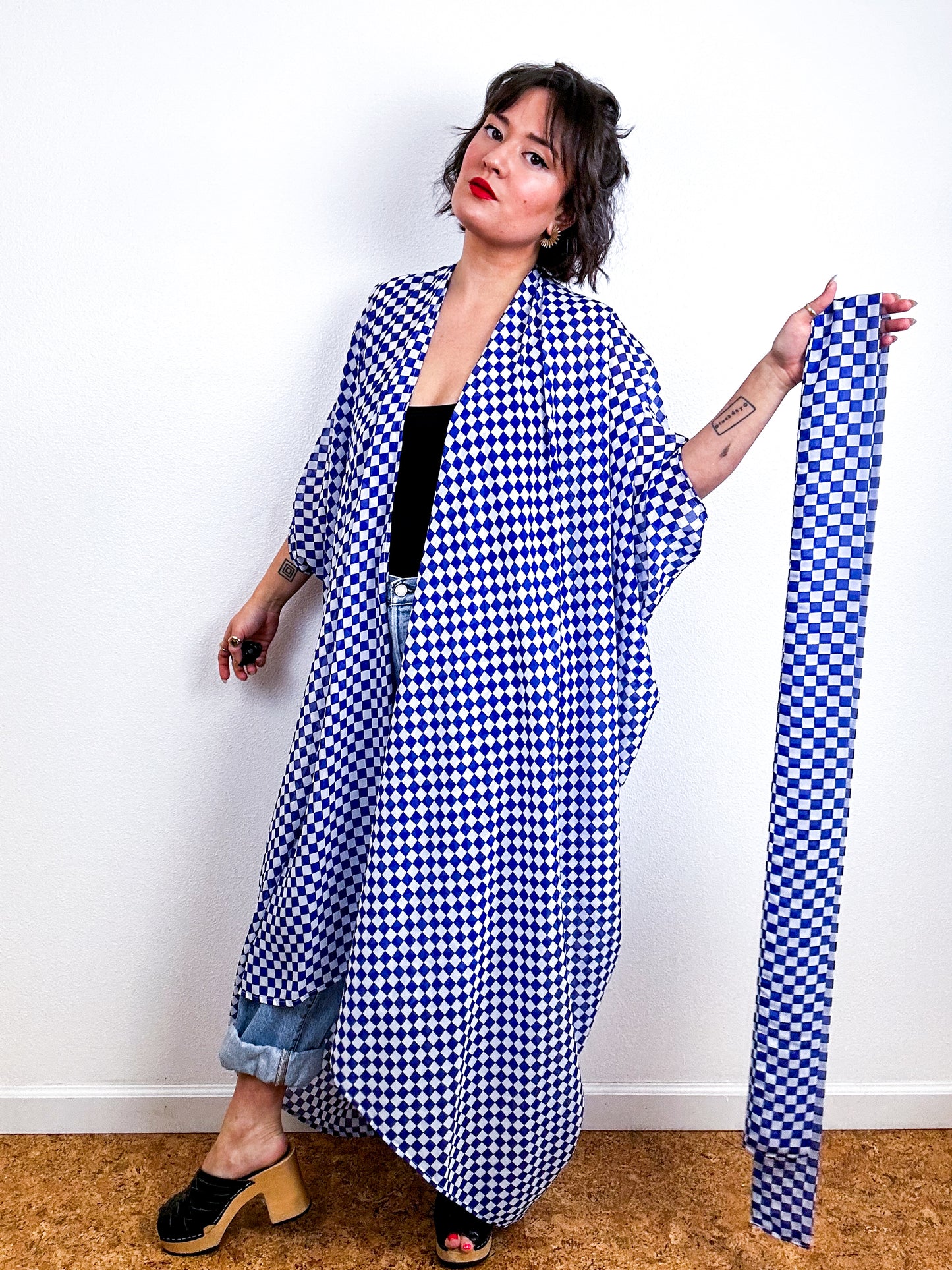 Print High Low Kimono Blue Checker Chiffon