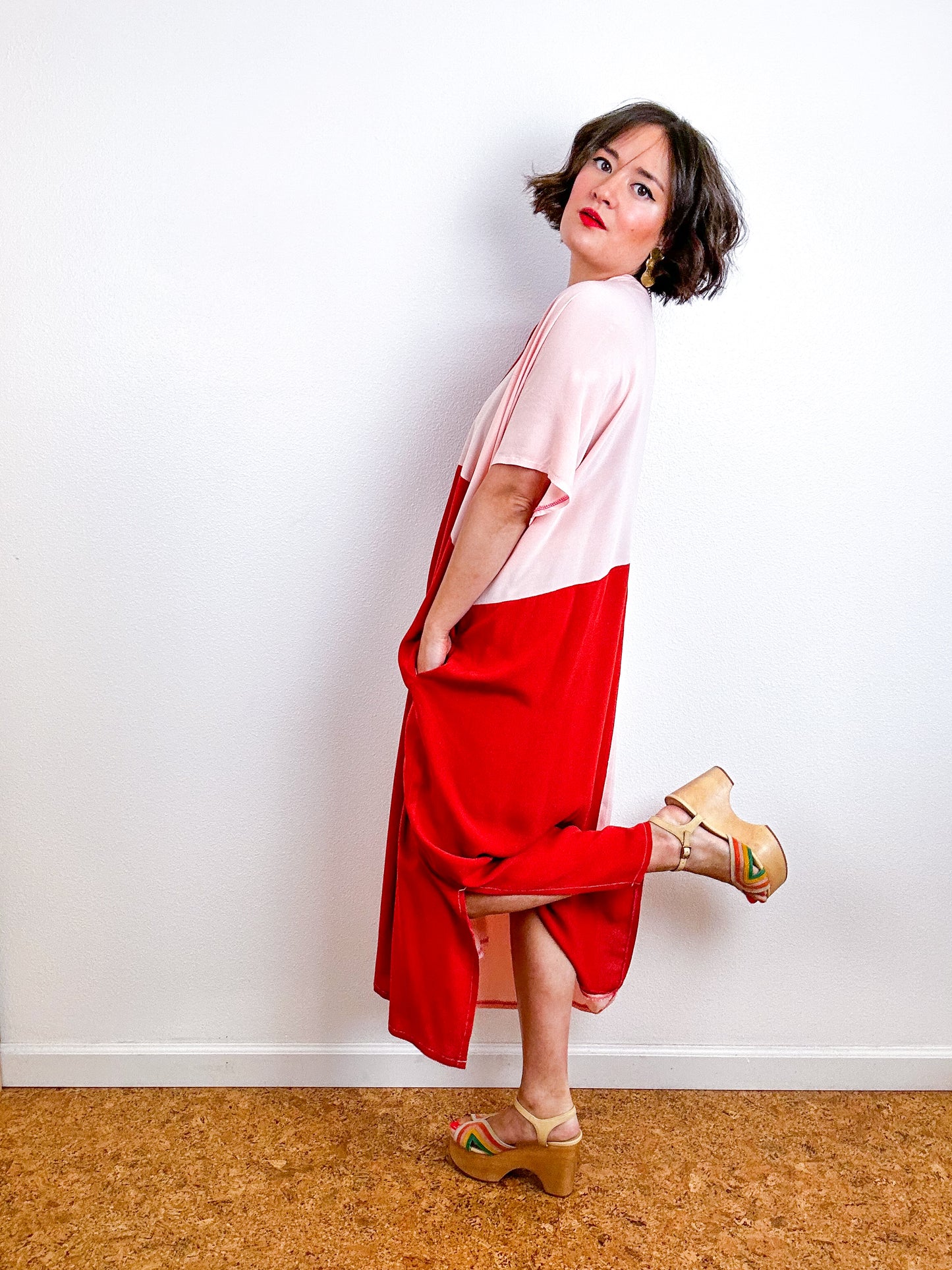 Color Block Midi Caftan Dress Terracotta Blush