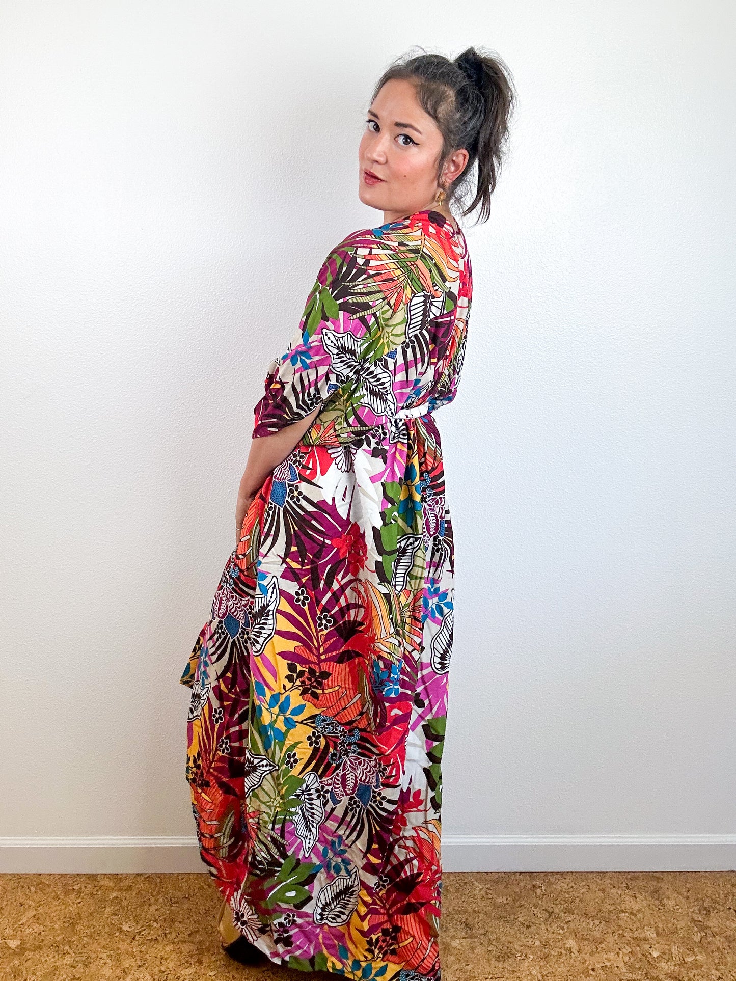 Print High Low Kimono Multicolor Tropical Challis