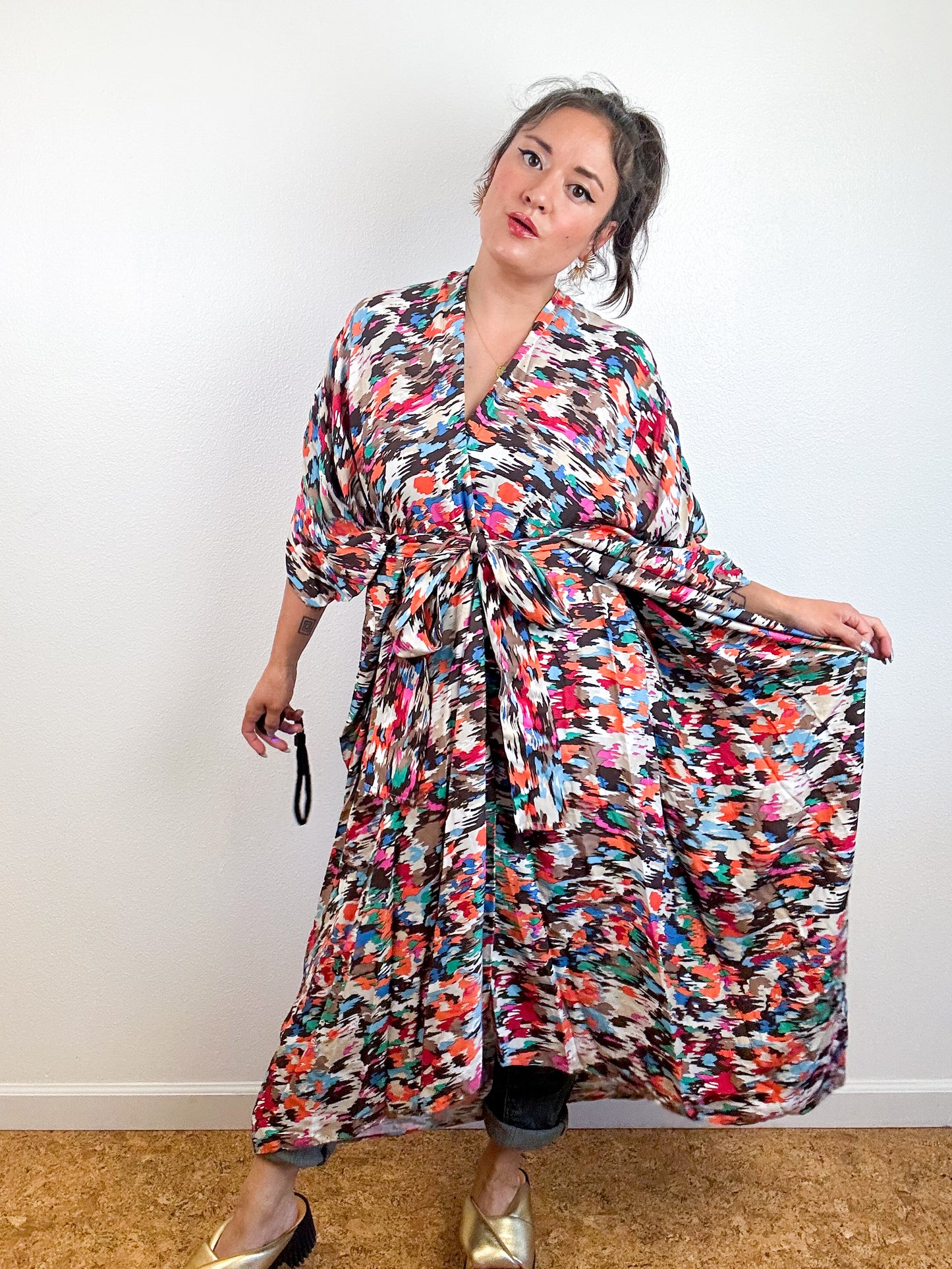 Print High Low Kimono Multicolor Splatter Challis