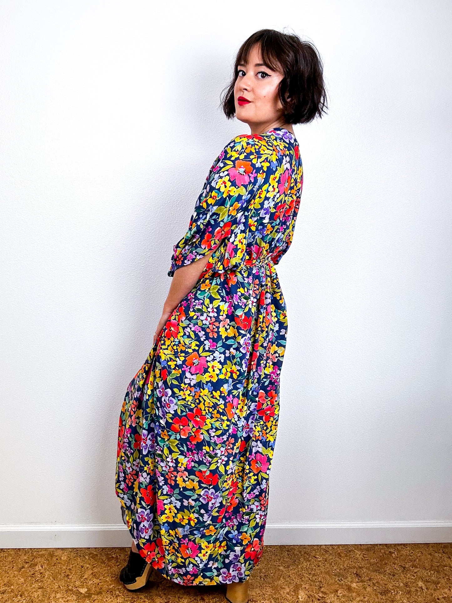 Print High Low Kimono Blue Floral Challis