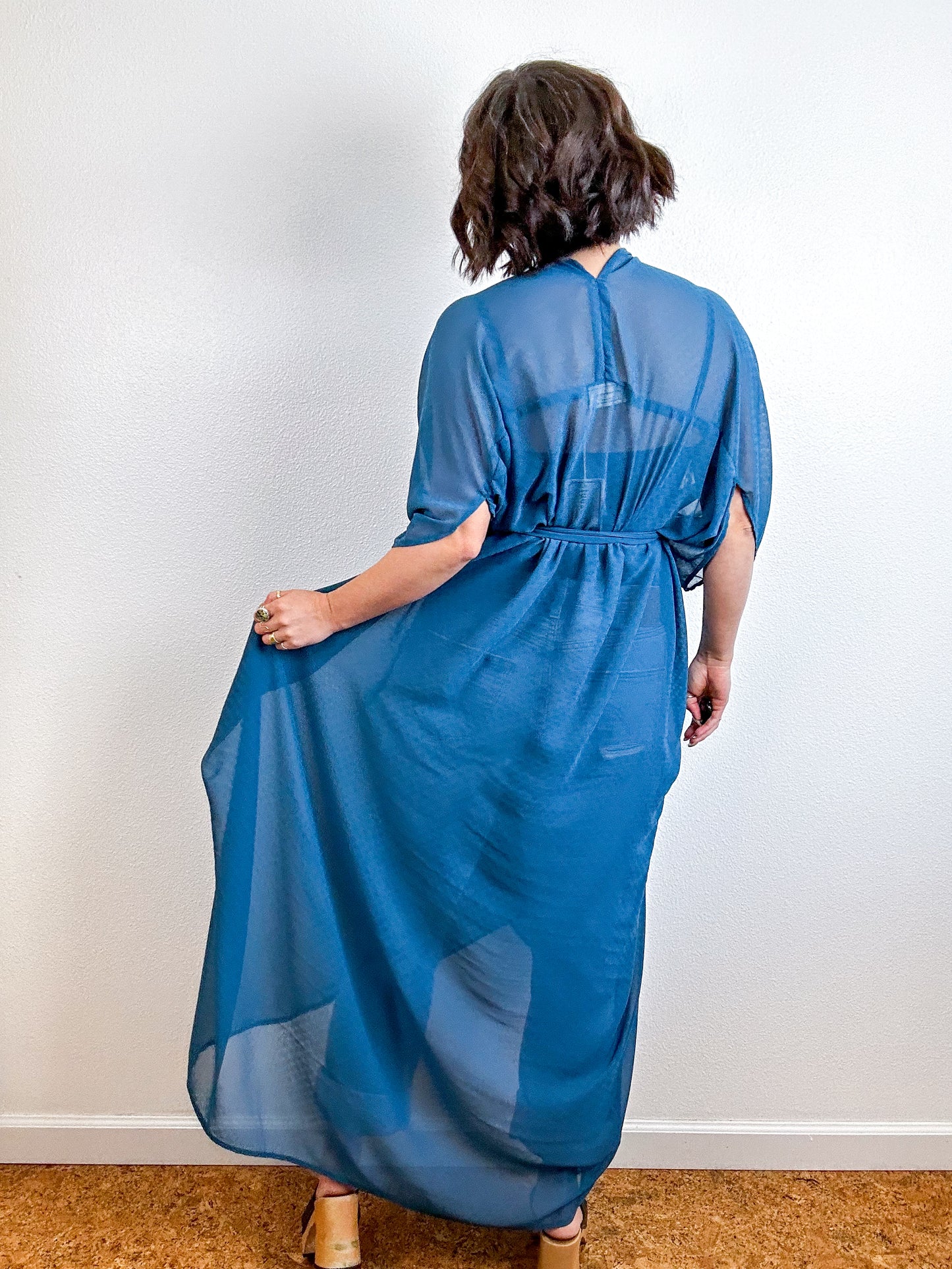 Solid High Low Kimono Teal Blue Swiss Dot Chiffon