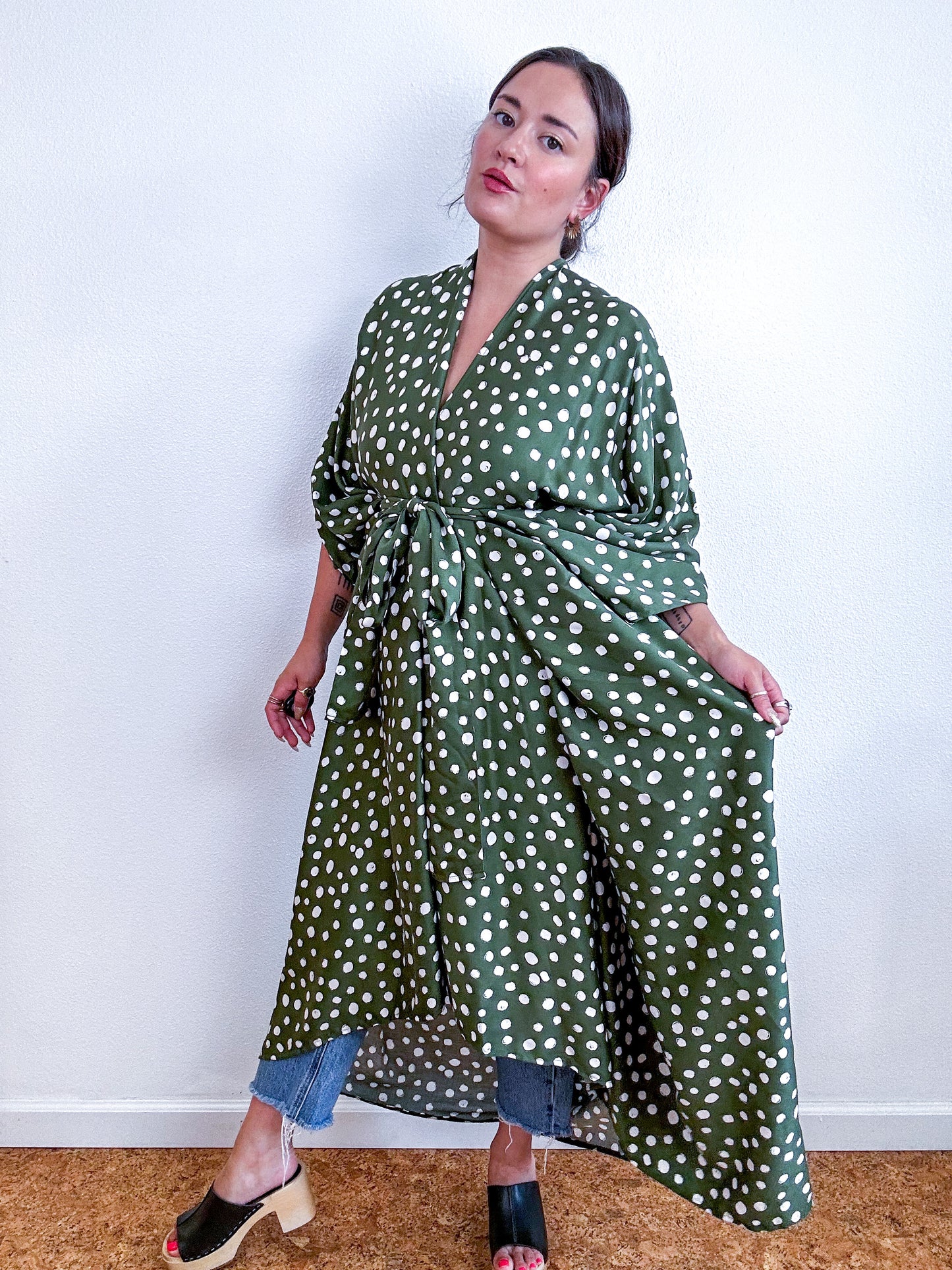 Print High Low Kimono Olive Ivory Dots Challis