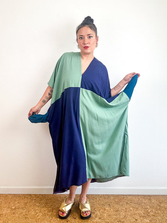 Color Block Midi Caftan Dress Sage Navy