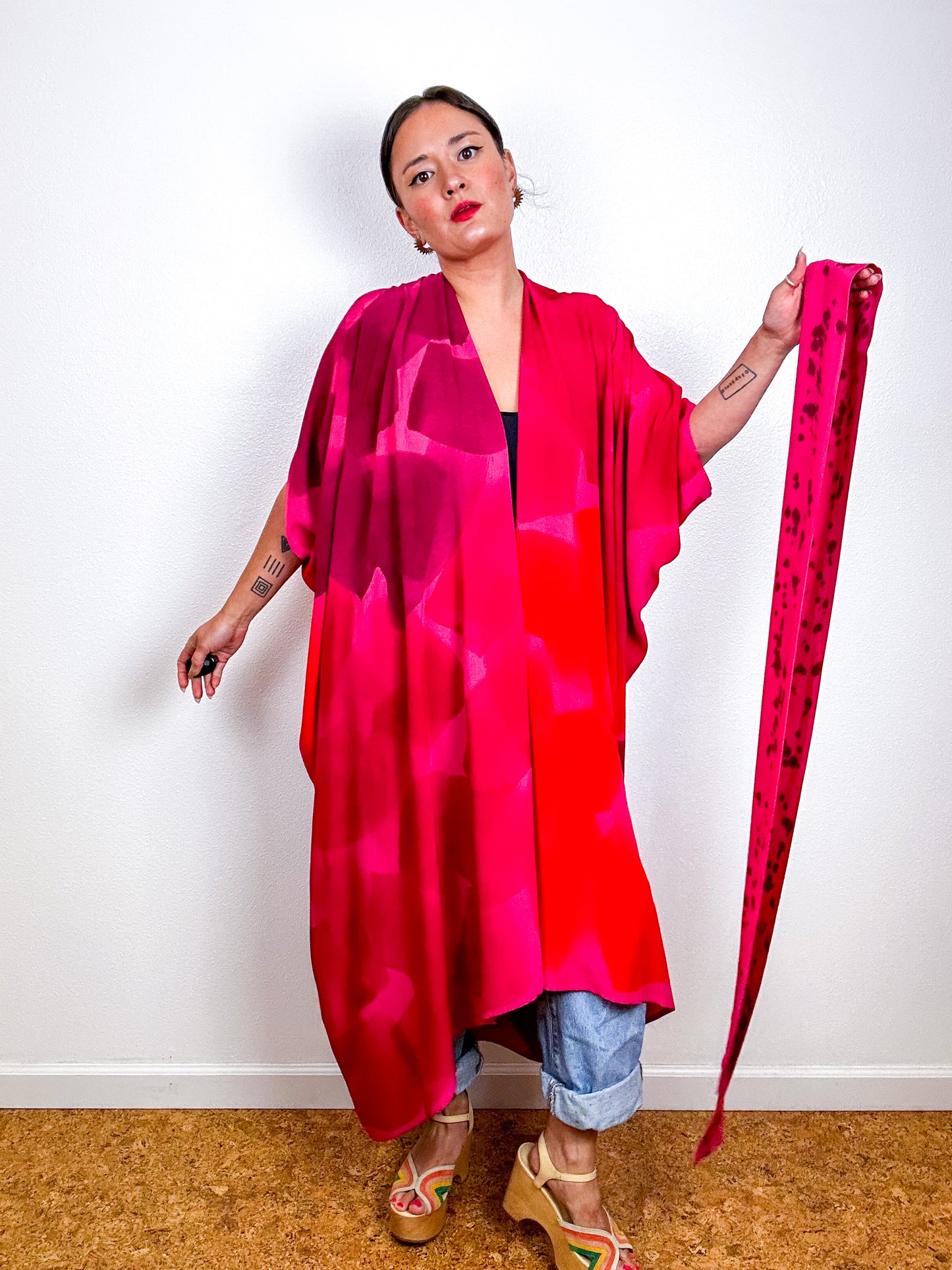Hand-Dyed High Low Kimono OOAK Fuchsia 1