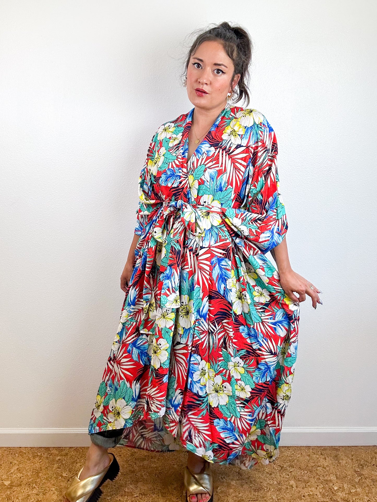 Print High Low Kimono Red Hibiscus Tropical Challis